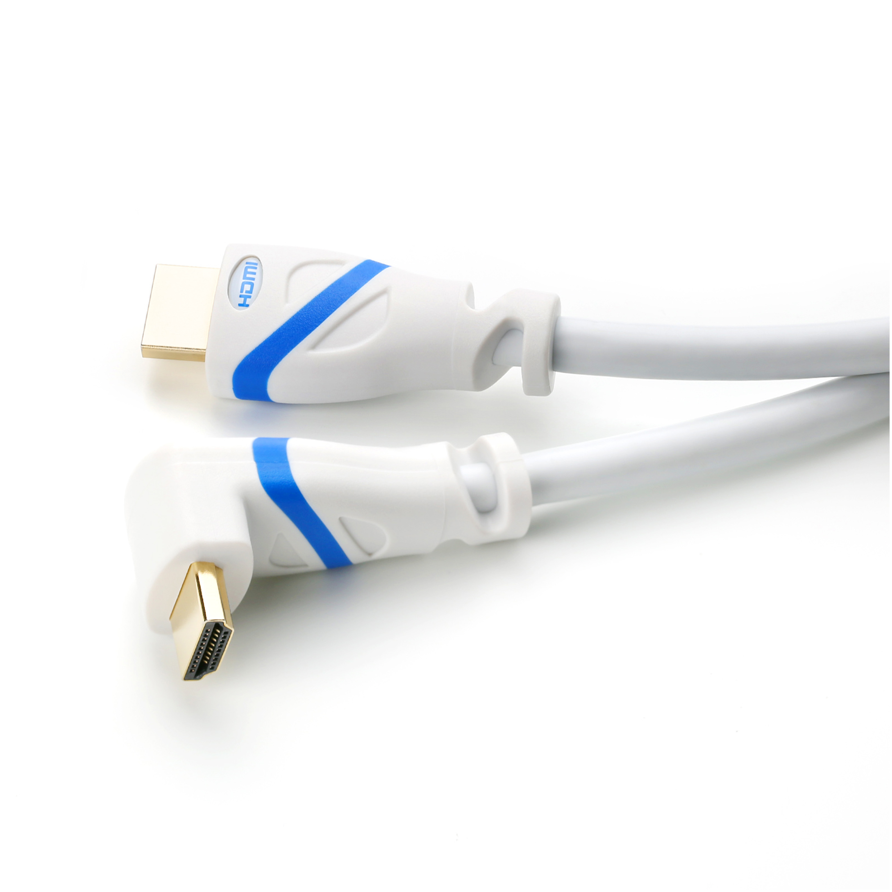 Weißes HDMI-Kabel mit goldenen Steckern und blauen Akzenten auf weißem Grund.