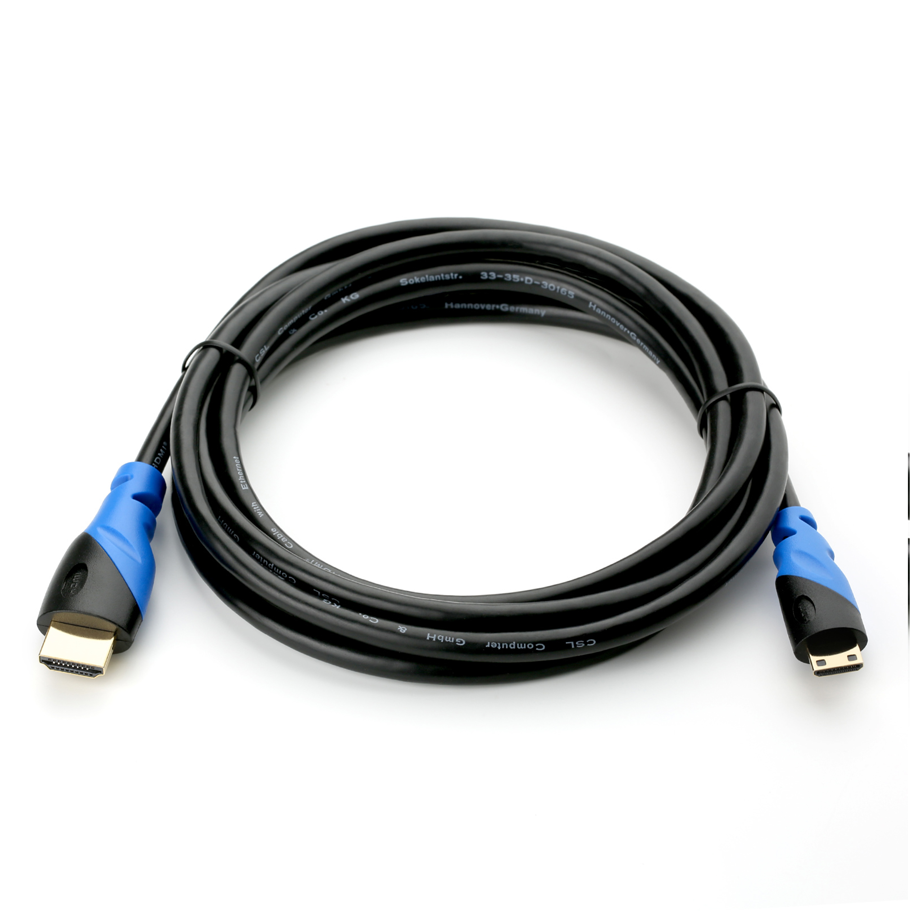 Schwarzes HDMI-Kabel mit blauen Akzenten und Anschlüssen.