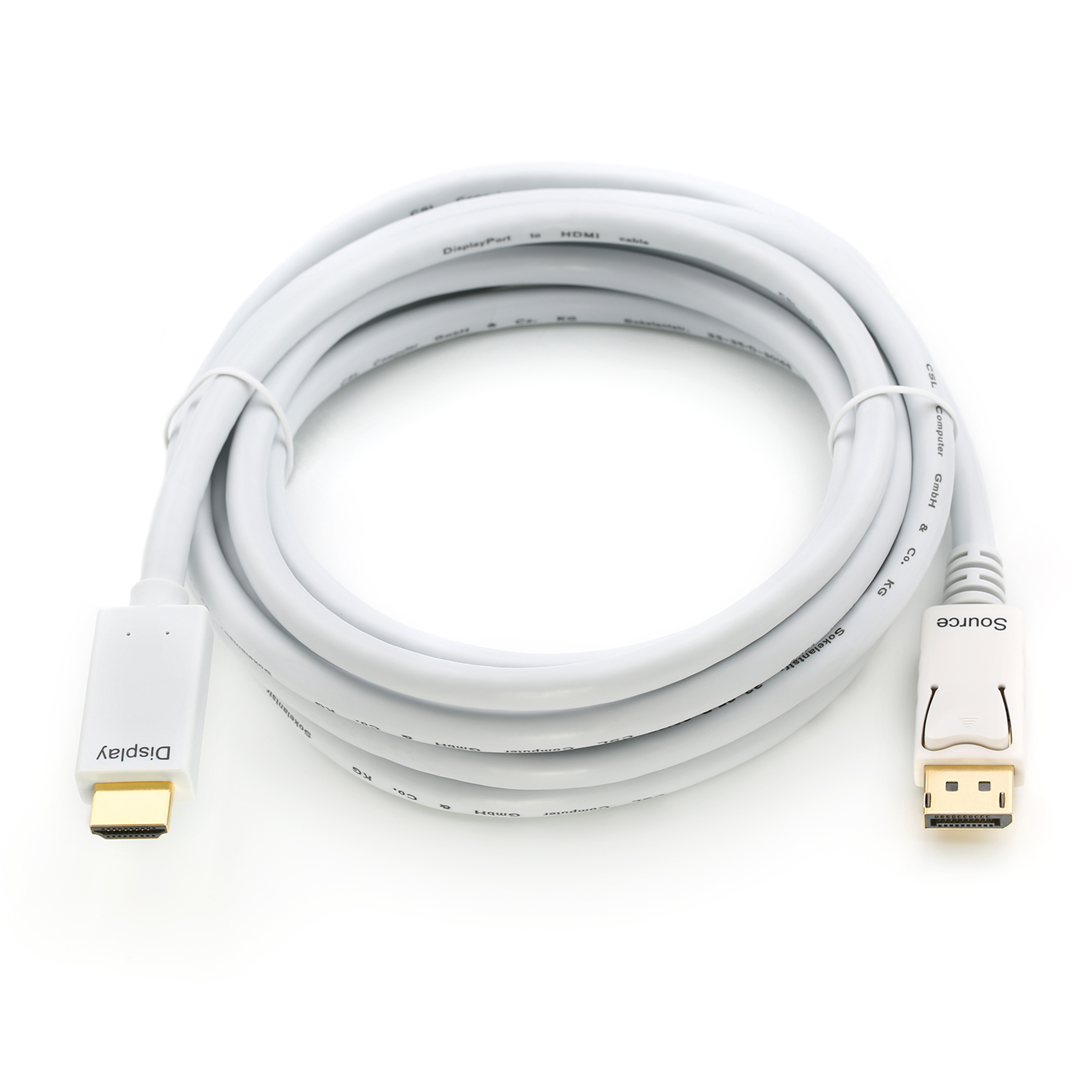 Weißes DisplayPort-Kabel mit Anschlüssen an beiden Enden auf weißem Hintergrund.