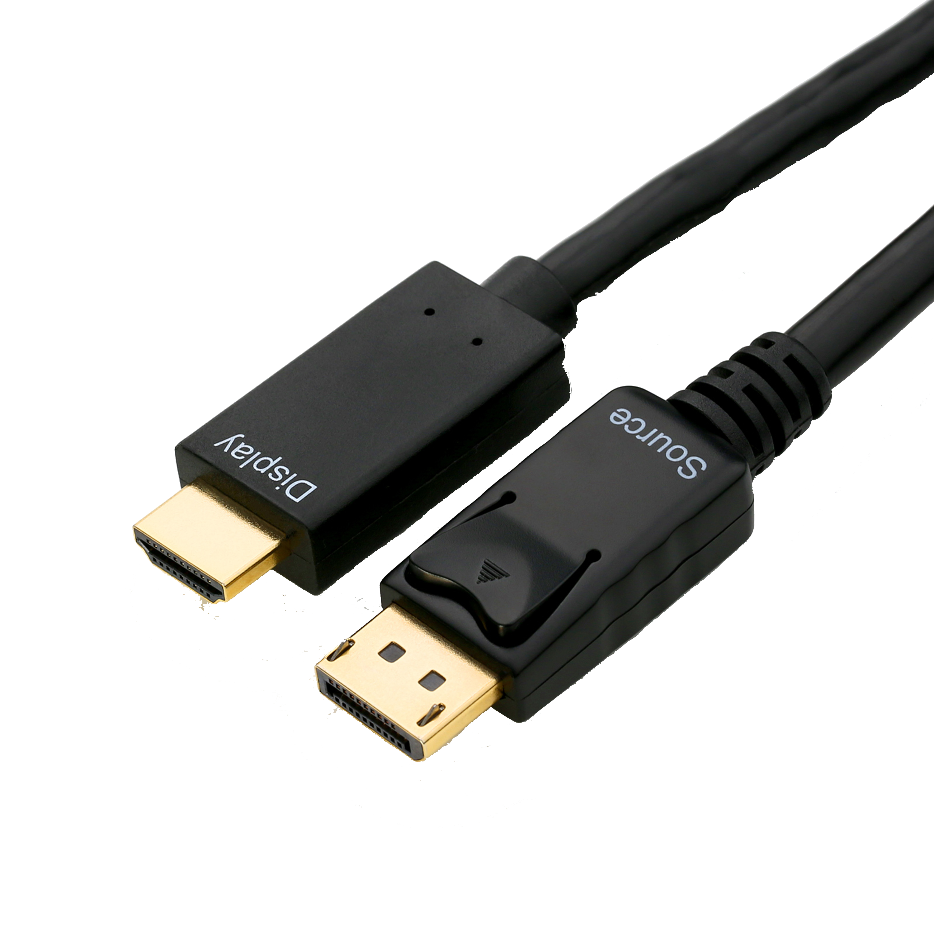 Schwarz DisplayPort-zu-HDMI-Kabel. Ein Ende hat einen DisplayPort-Stecker, das andere einen HDMI-Stecker.