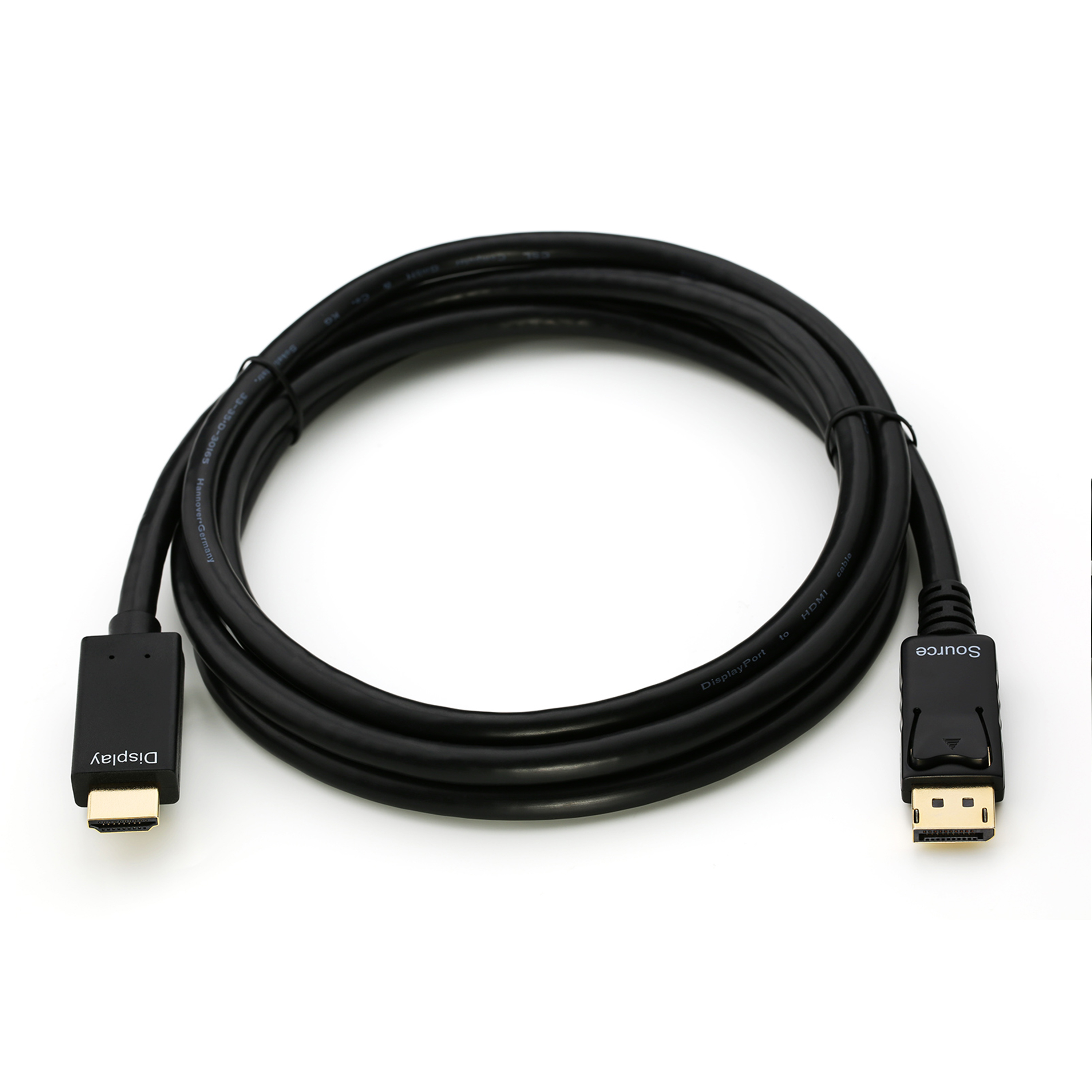 Schwarzes DisplayPort-Kabel mit zwei Steckern und weißem Hintergrund. Eine Seite sagt 'Display'.