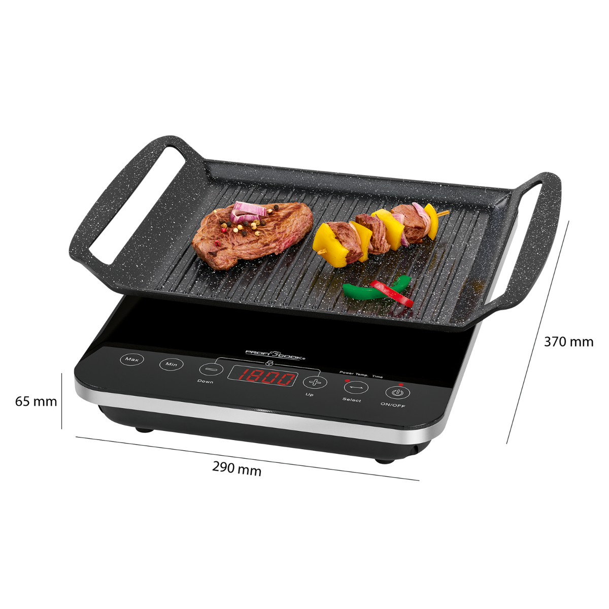 Czarny grill ze stekiem i szaszłykami na czarnym grillu elektrycznym z wyświetlaczem.