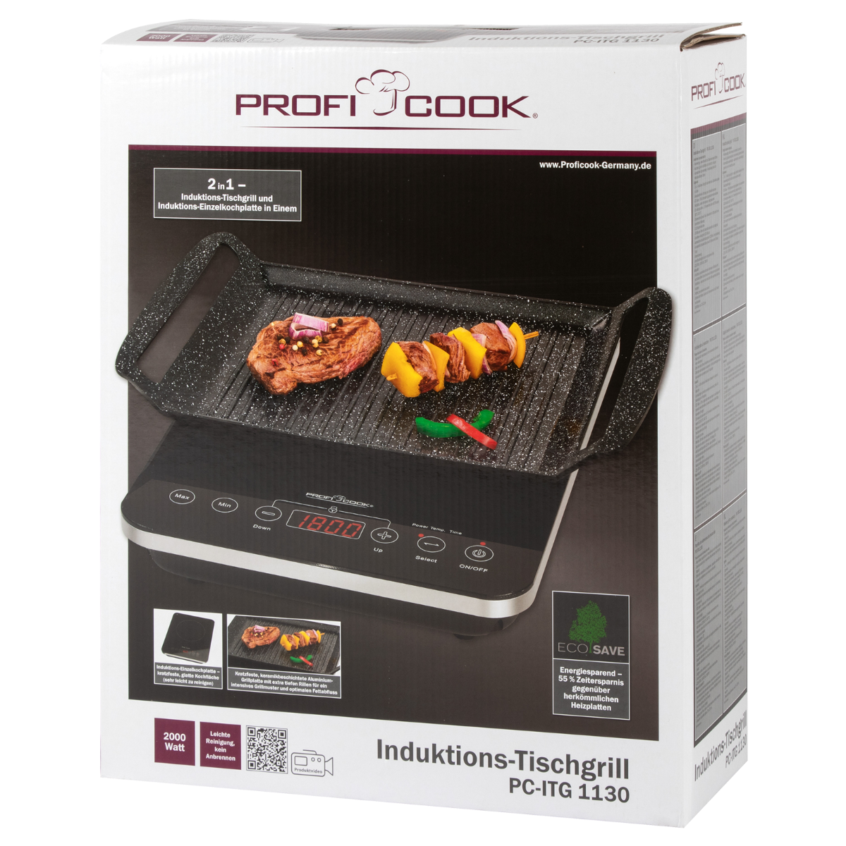 Czarny i biały grill indukcyjny z jedzeniem i opakowaniem na białym tle.