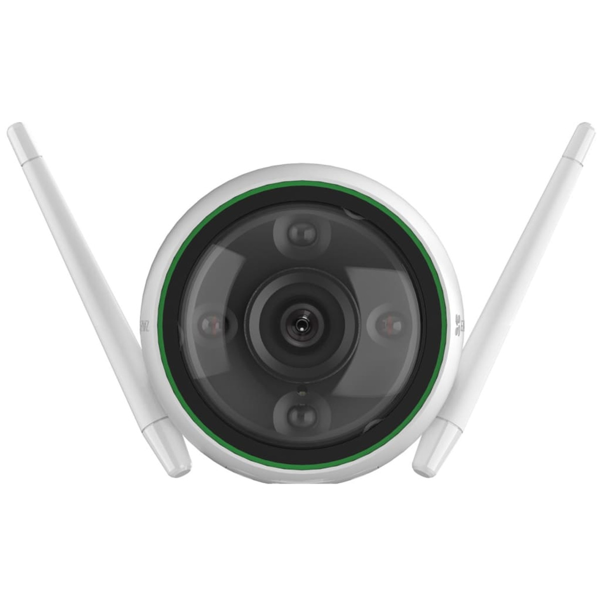 Una cámara de seguridad con dos antenas blancas, una lente negra y un anillo verde.