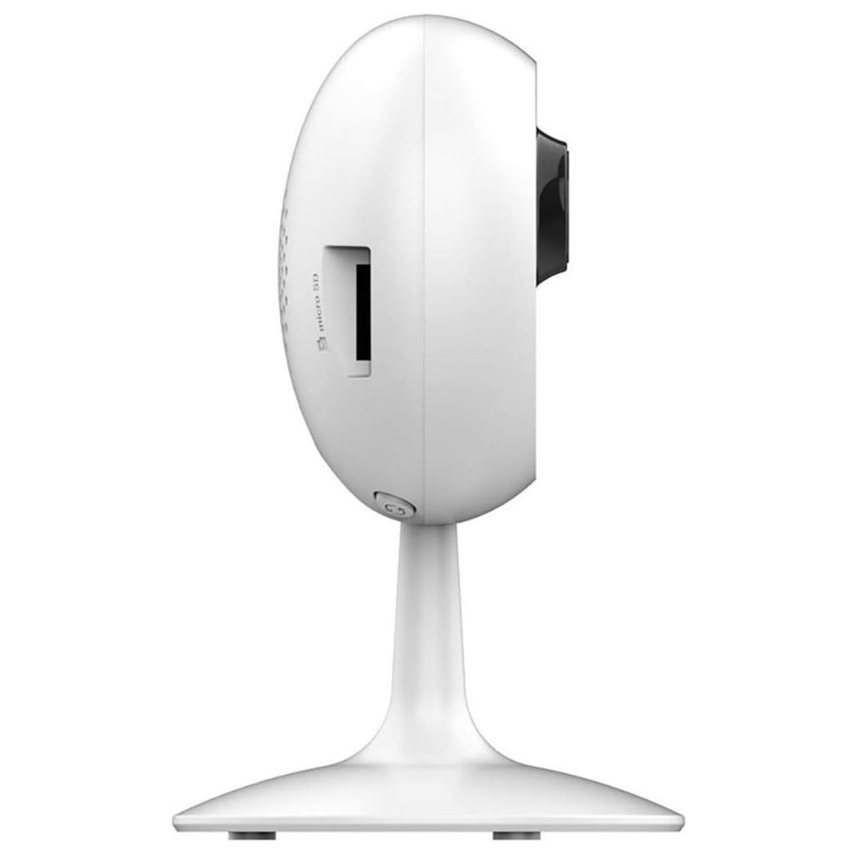 Cámara de seguridad blanca con lente negra y ranura micro SD. Soporte blanco.