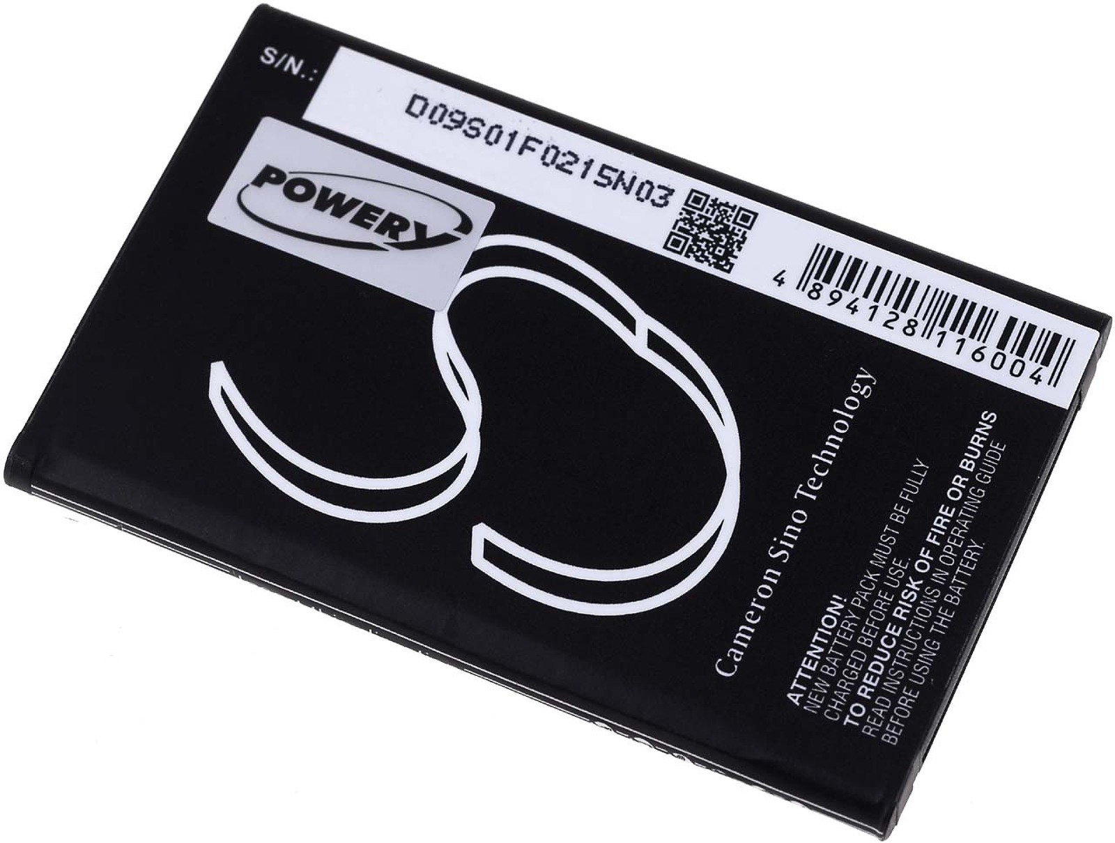 Batería en blanco y negro con etiqueta 'POWER' y código QR.