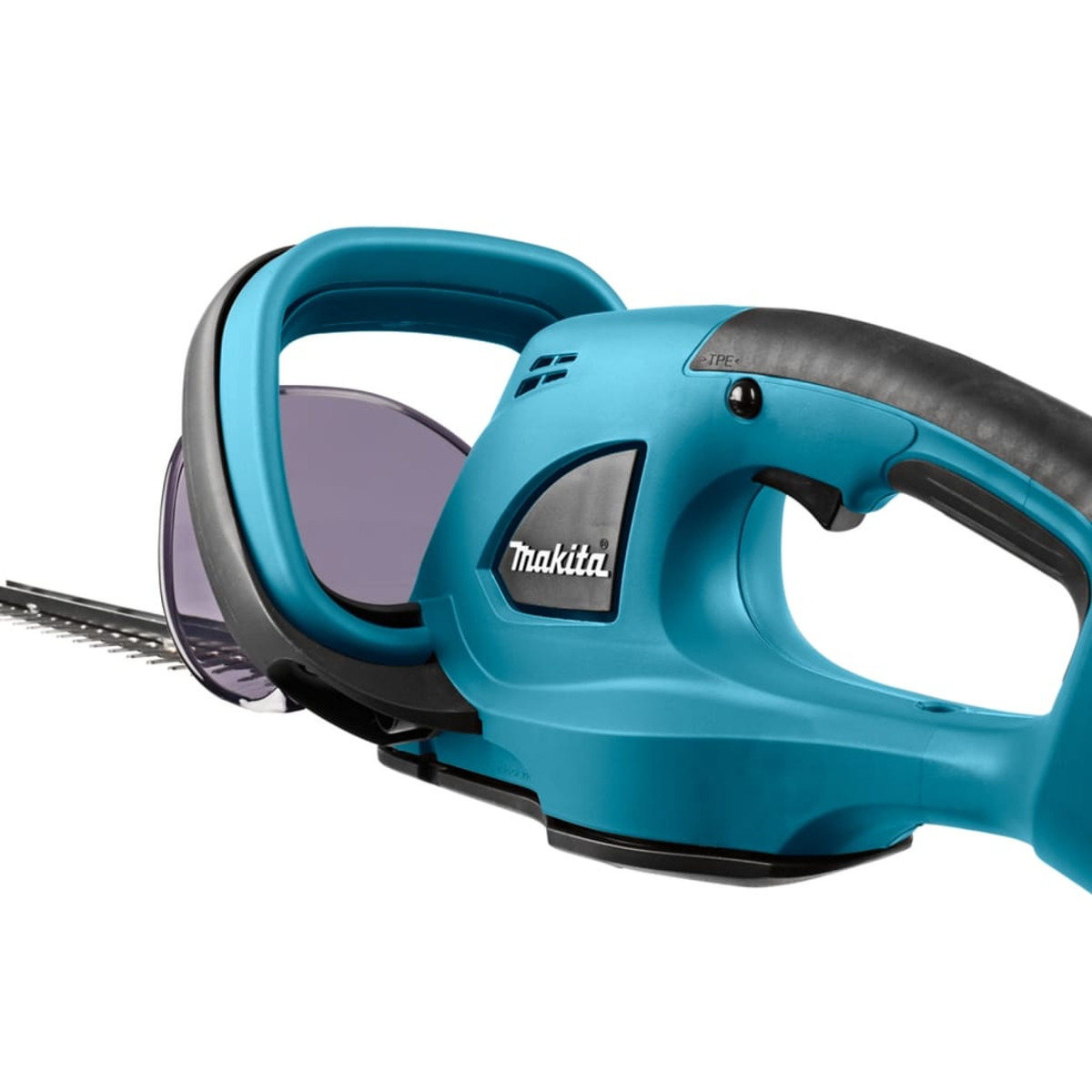 Türkis und schwarze Makita Heckenschere. Die Klingen sind sichtbar.