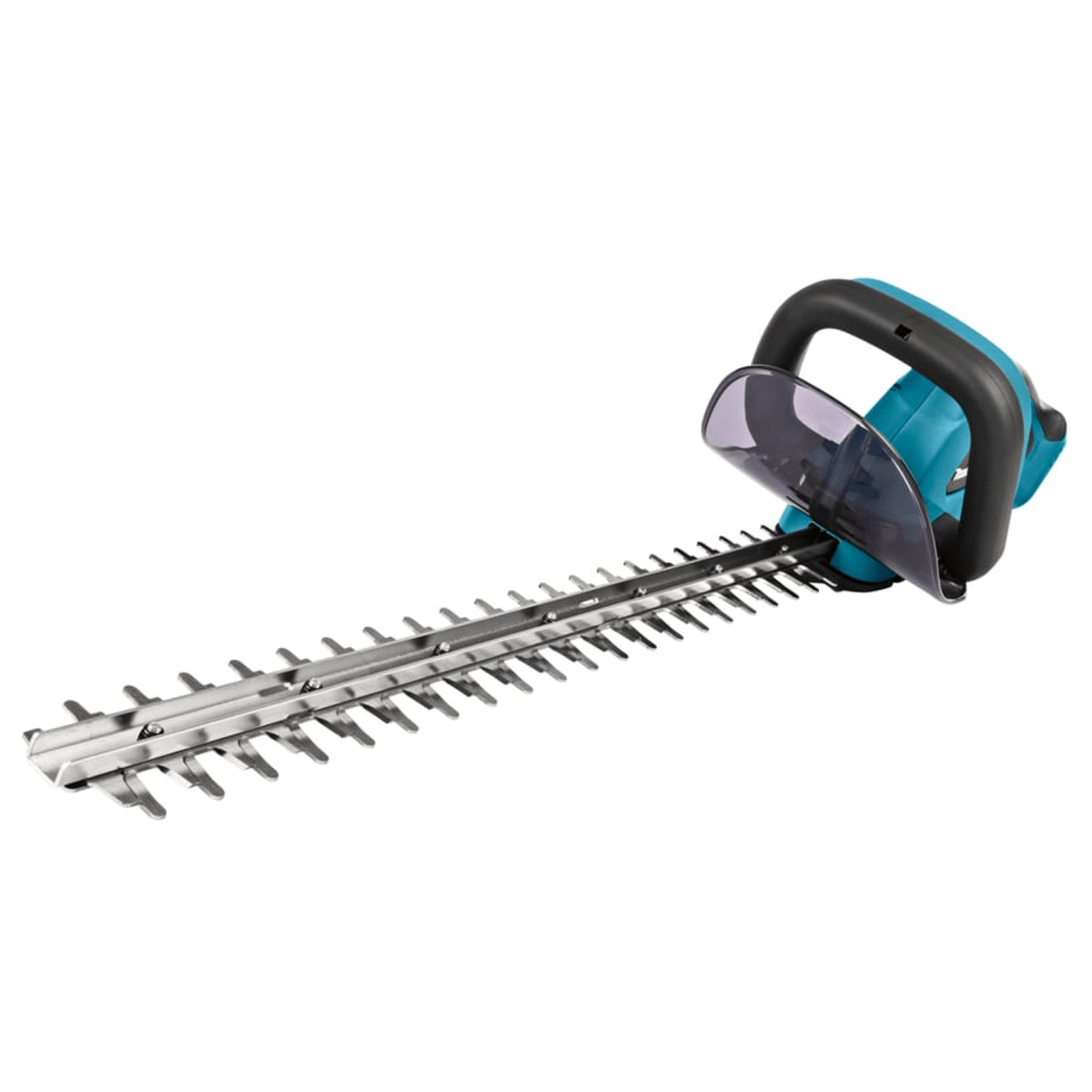Eine teal und schwarze Heckenschere auf weißem Hintergrund. Klingen sind silber.