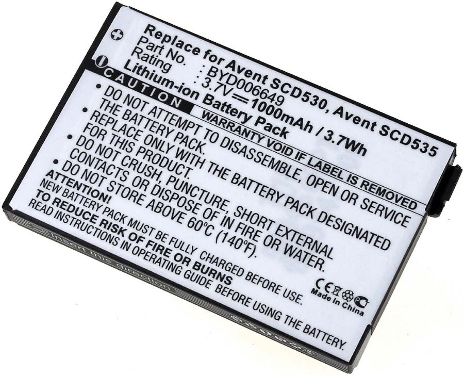 Batterieetikett mit Vorsichtshinweisen und Warnungen. Das Etikett ist weiß mit schwarzem Text.