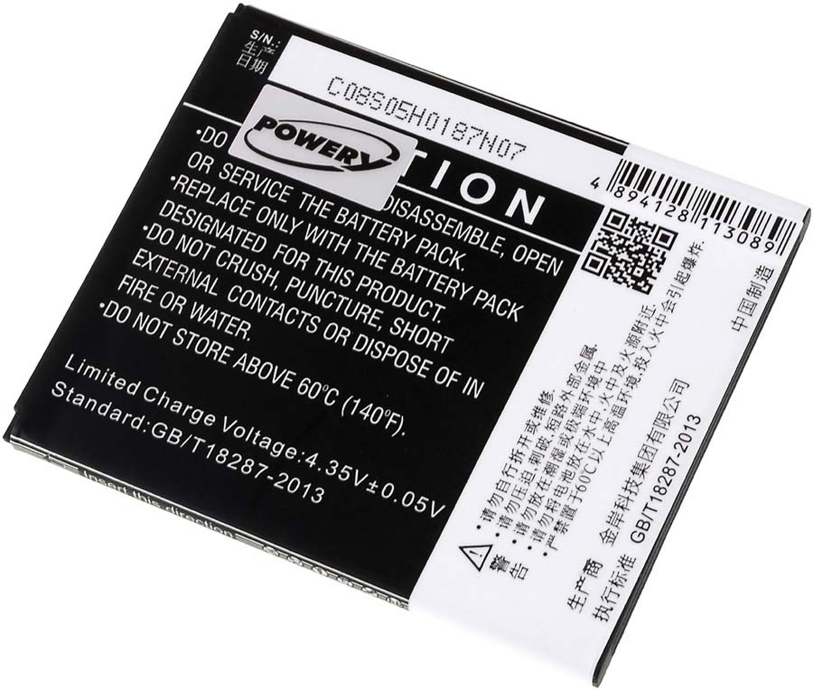 Batería negra con etiquetas. Texto: POWER, No desarmar, abrir, aplastar, perforar ni cortocircuitar.