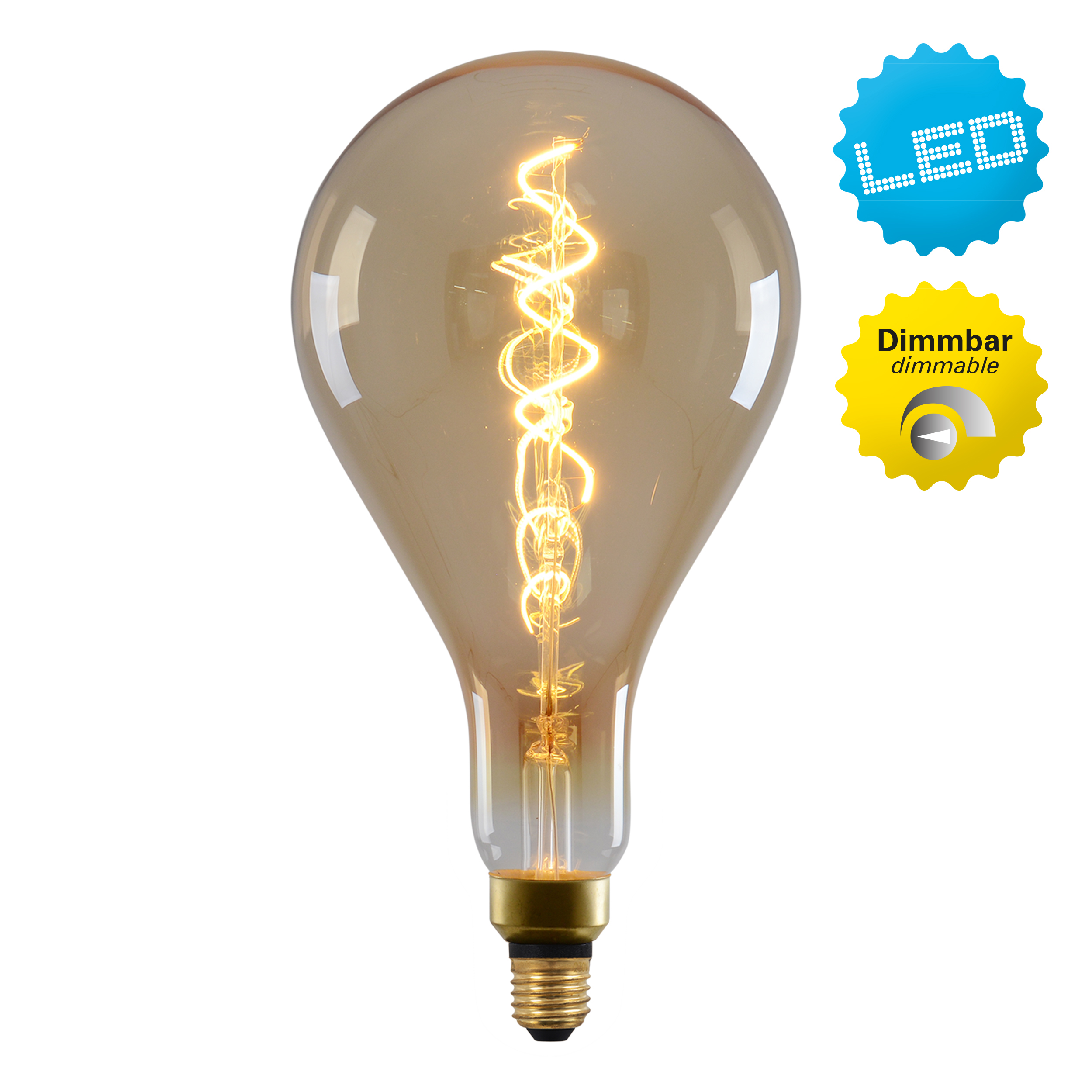 Eine Glühbirne mit Wendelfaden und Goldfuß. Sie hat LED- und dimmbare Etiketten.