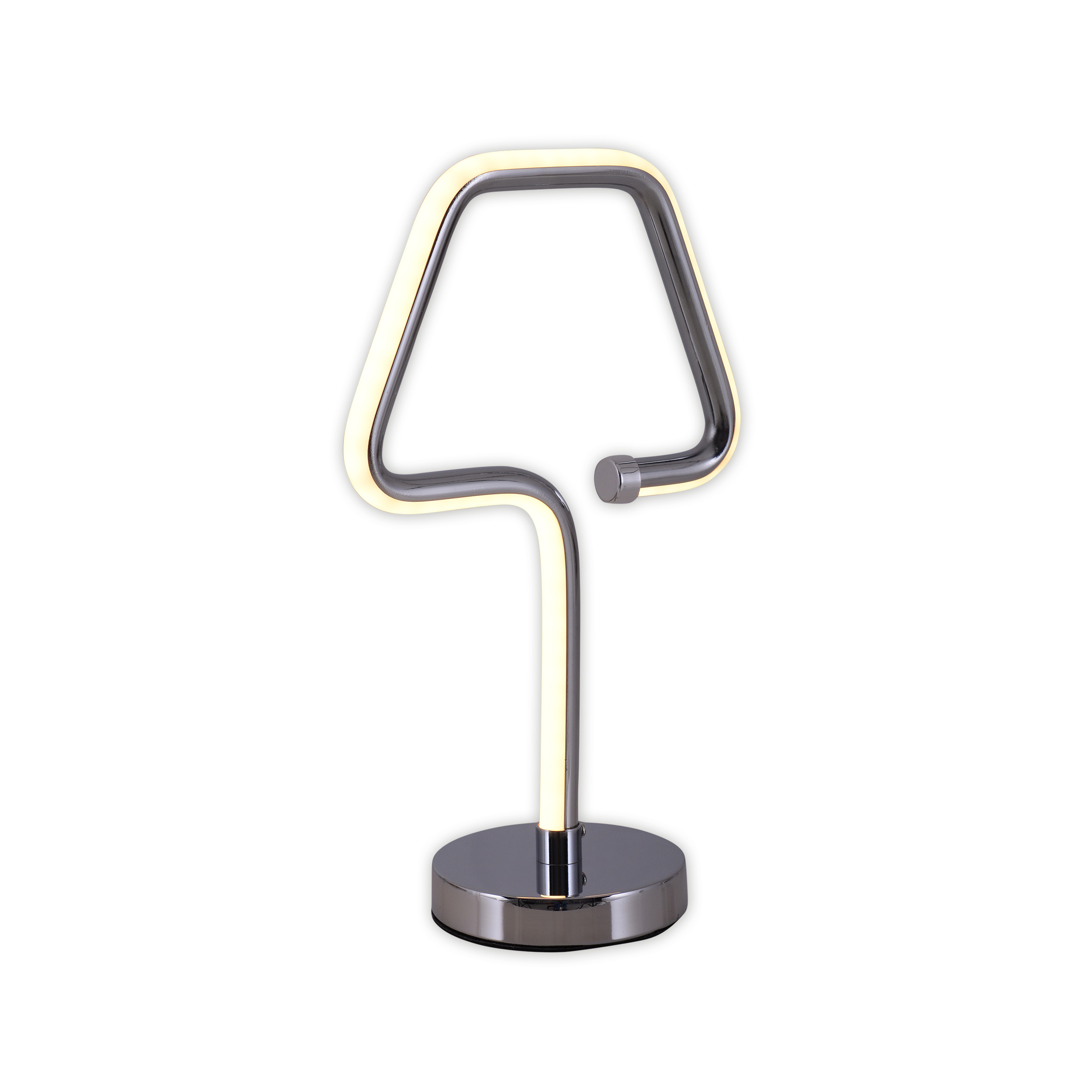 Eine moderne silberne Lampe mit weißem Neonlicht auf weißem Hintergrund.