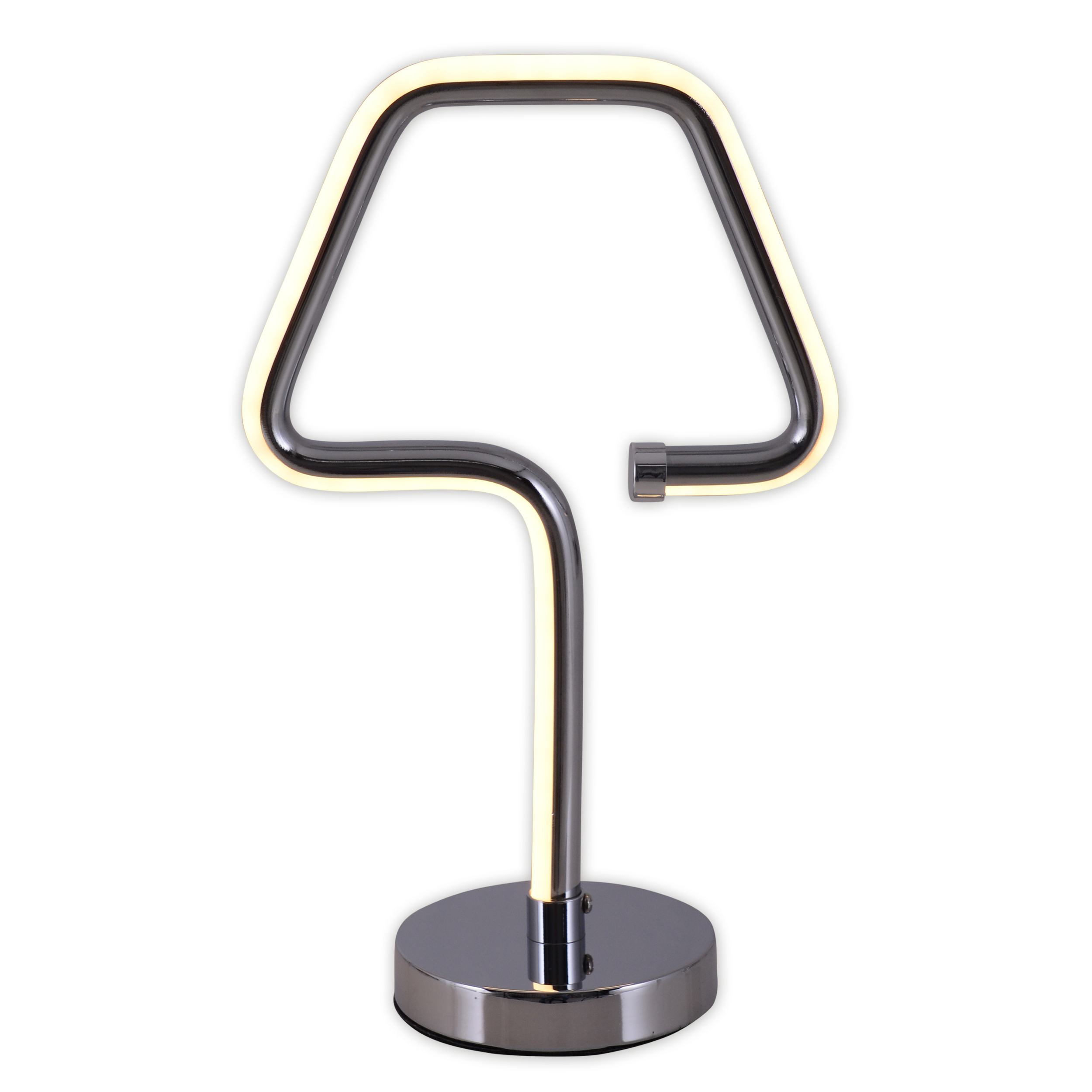Eine chromfarbene Tischlampe. Sie hat ein dreieckiges Licht und einen kreisförmigen Sockel.