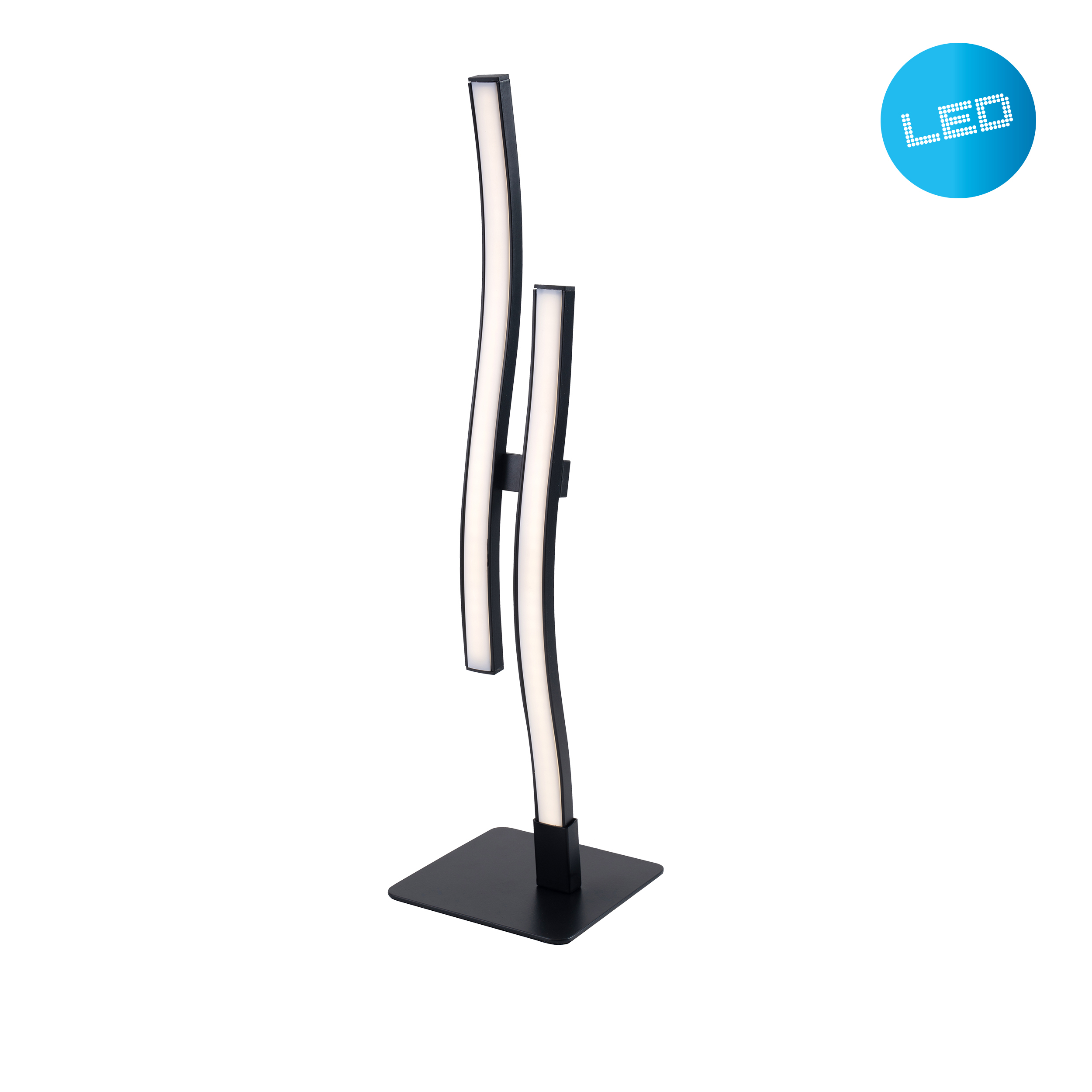 Moderne schwarze LED-Lampe mit zwei geschwungenen Lichtleisten, weißer Hintergrund.