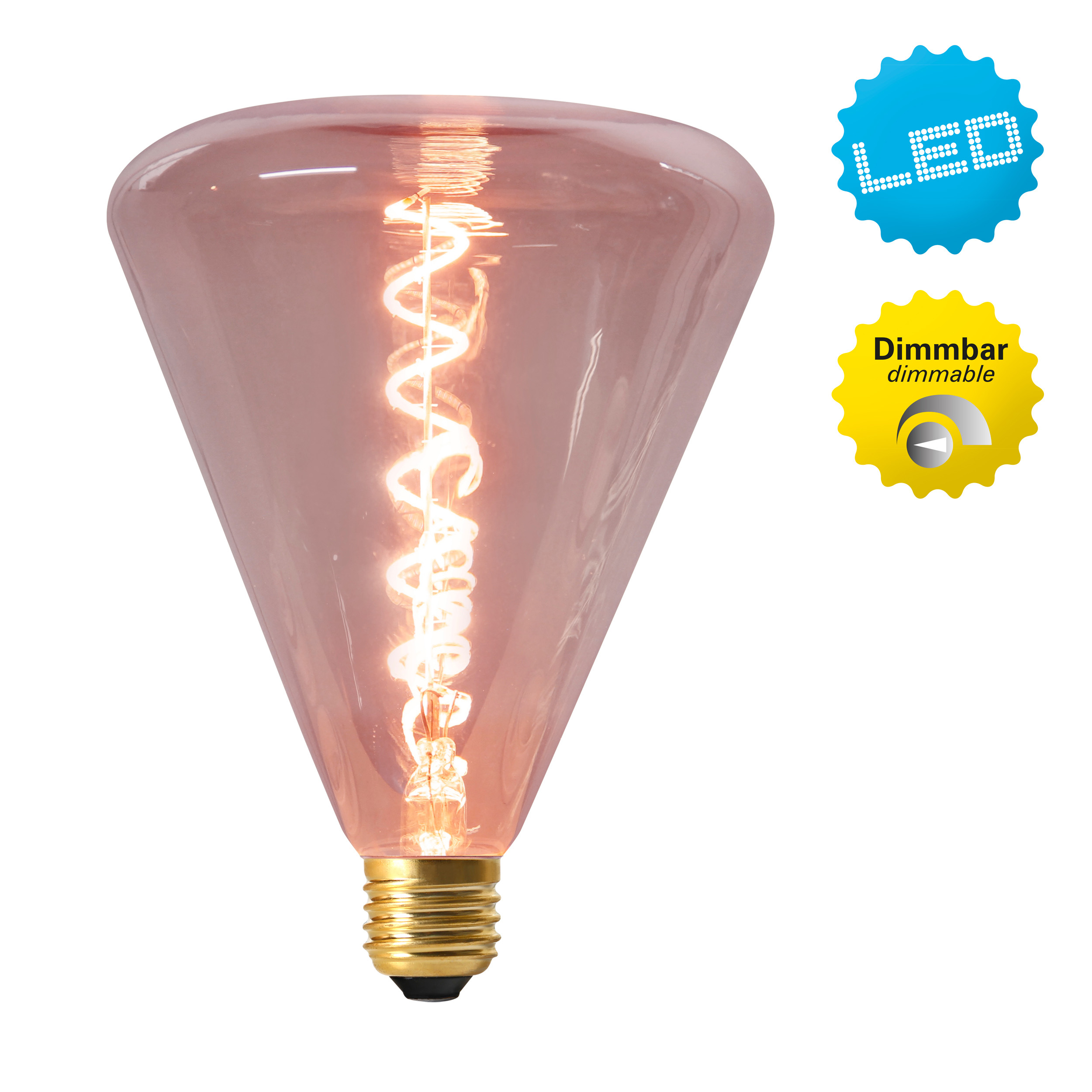 Eine rosa LED-dimmbare Glühbirne. Sie hat einen Spiralfaden und ist kegelförmig. Blaue und gelbe Etiketten.