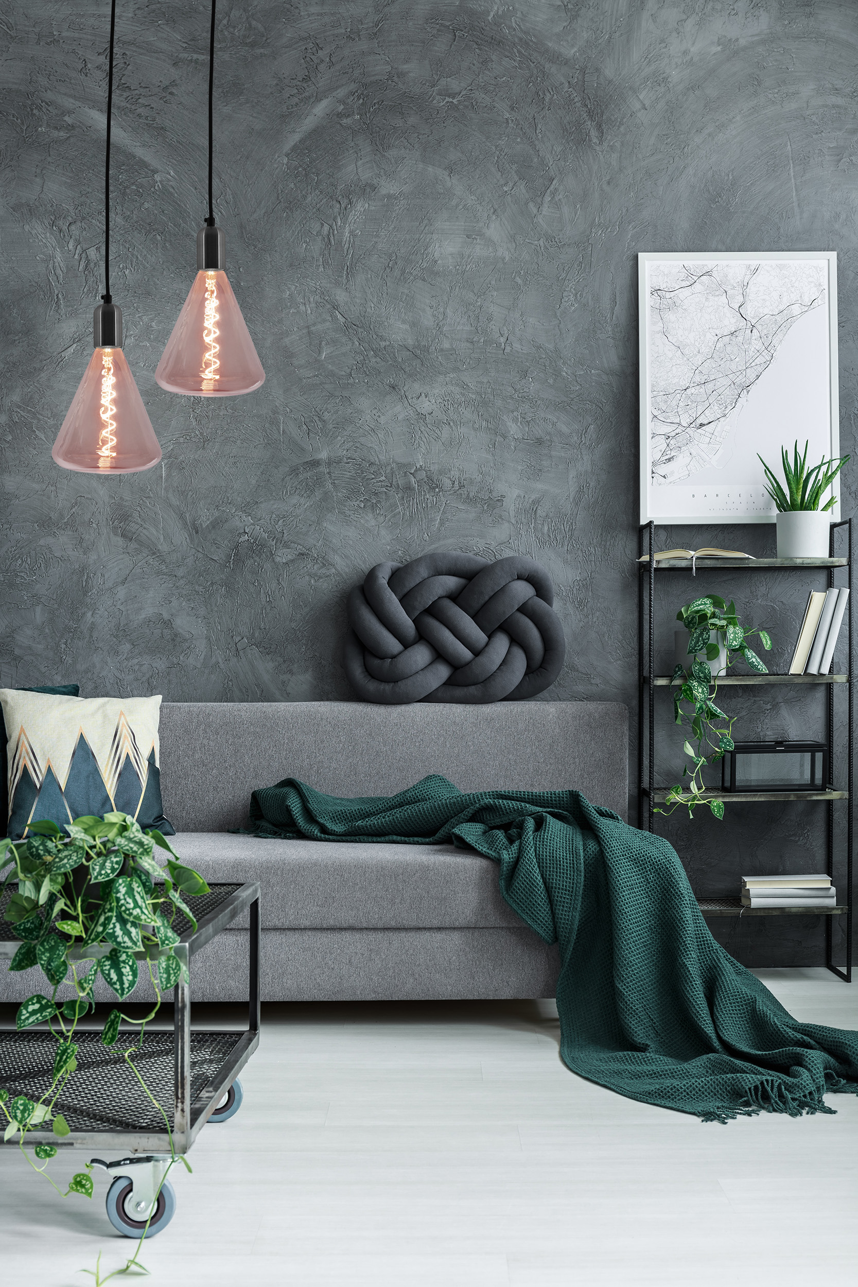 Zimmer mit grauem Sofa, grüner Decke, Karte und zwei Lampen. Ein Couchtisch mit Pflanze davor.