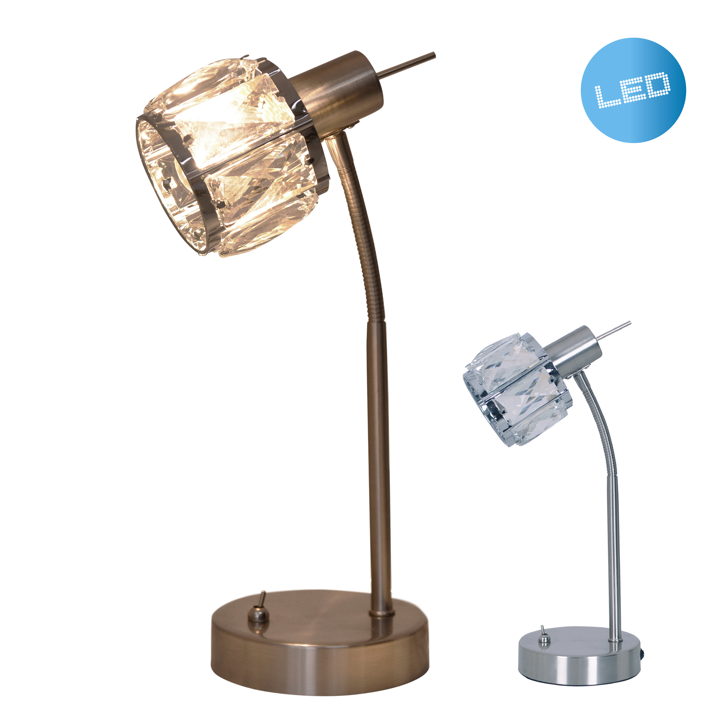 Zwei Kristalllampen, eine leuchtet. Sie haben einen metallischen Sockel und einen facettierten Schirm.