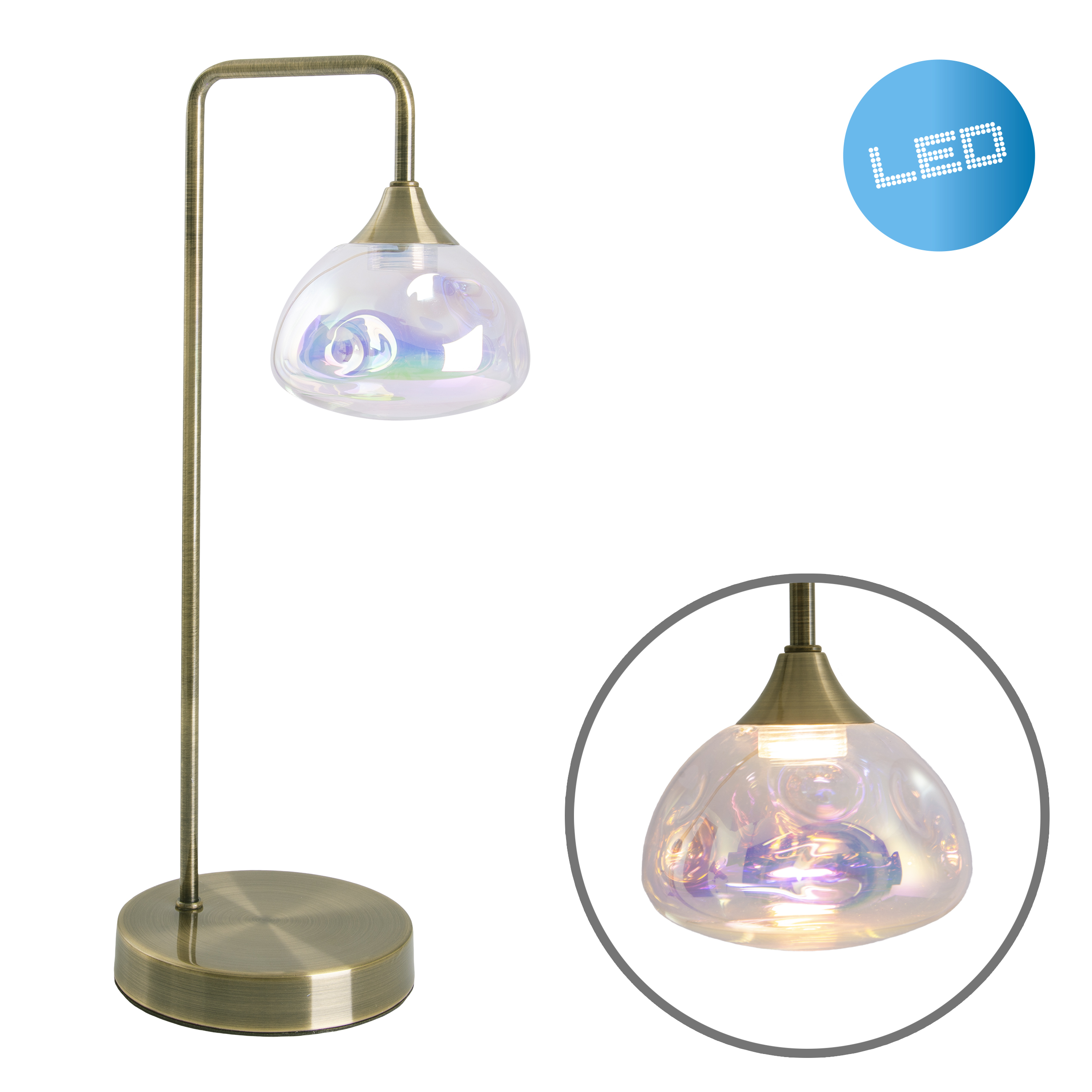 Moderne Tischlampe aus Messing mit Glasschirm, blaues LED-Symbol.