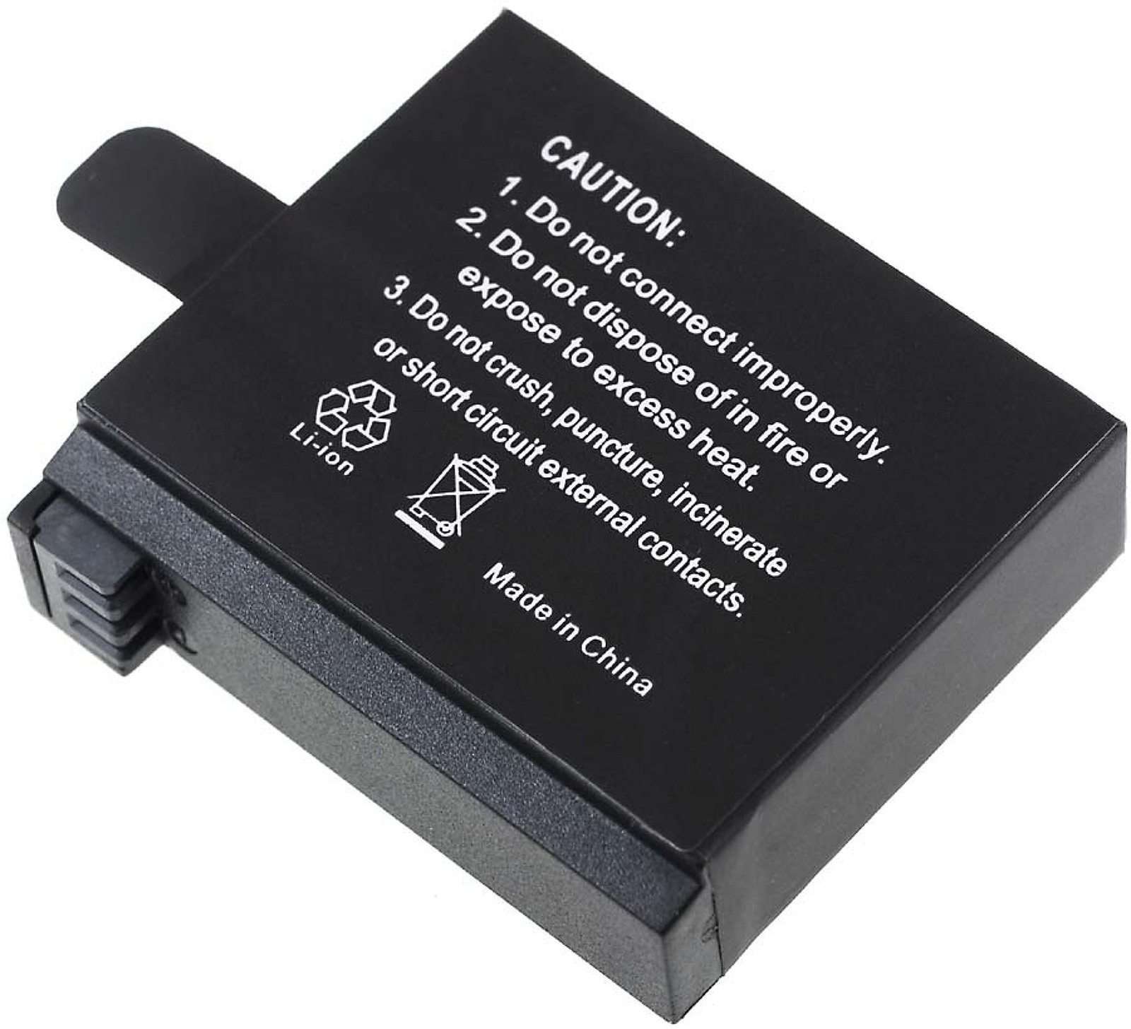Una batería negra con advertencias al frente. Dice "Made in China" en la parte inferior.