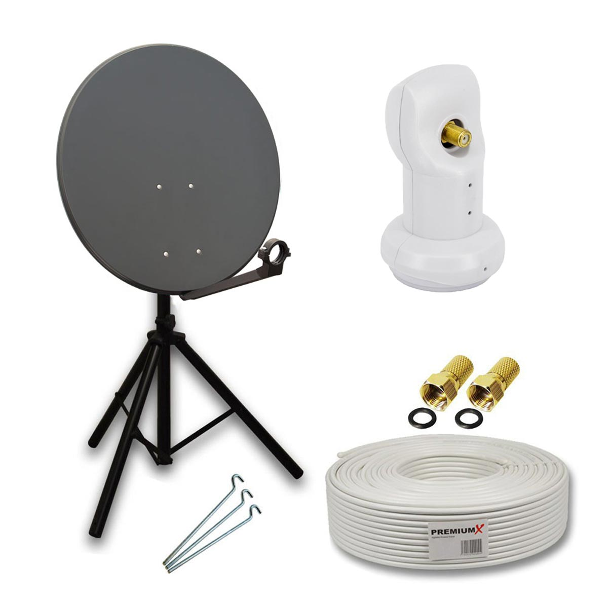 Satellitenschüssel, weißer Empfänger, Kabel und Heringe auf weißem Hintergrund.