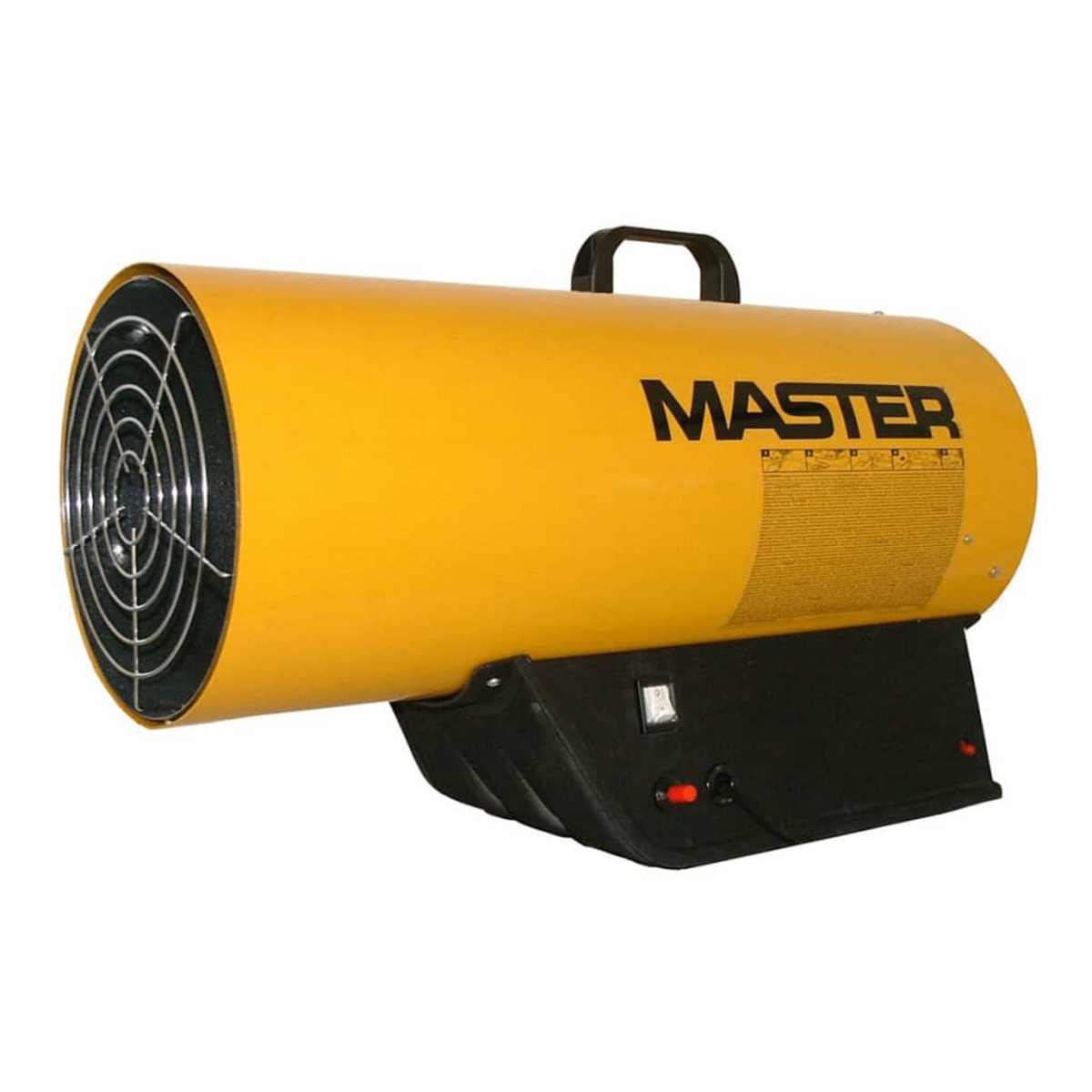 Calentador industrial amarillo con base negra, controles y asa. Texto negro: MASTER.