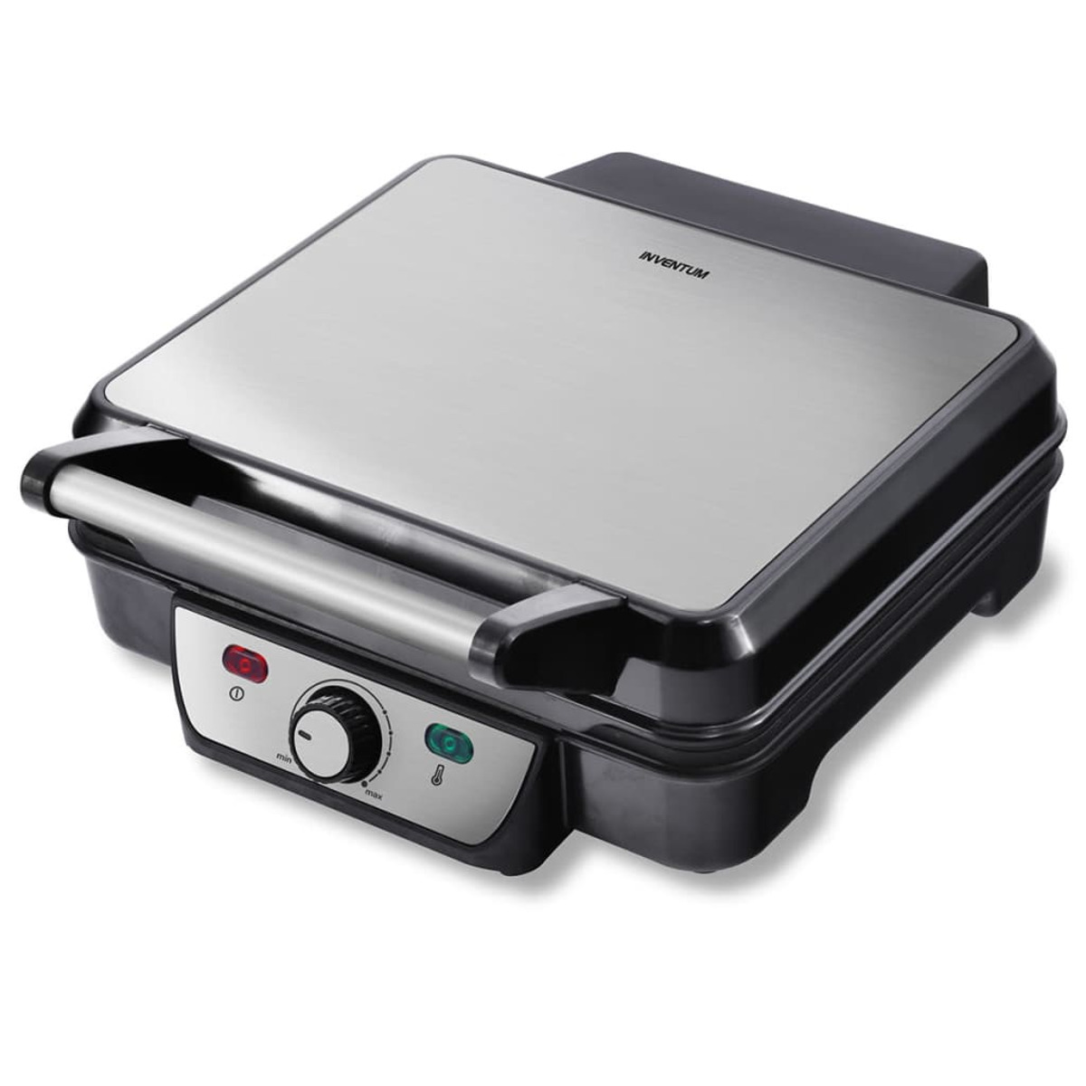 A black and silver Inventum sandwich maker, closed, on a white background.