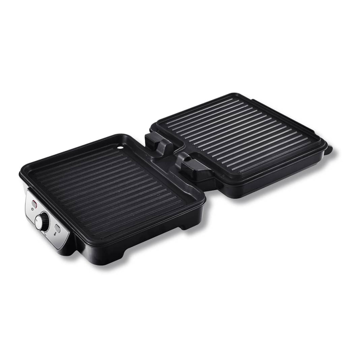 Open black grill. Two ribbed surfaces with a control knob are visible. White background.
