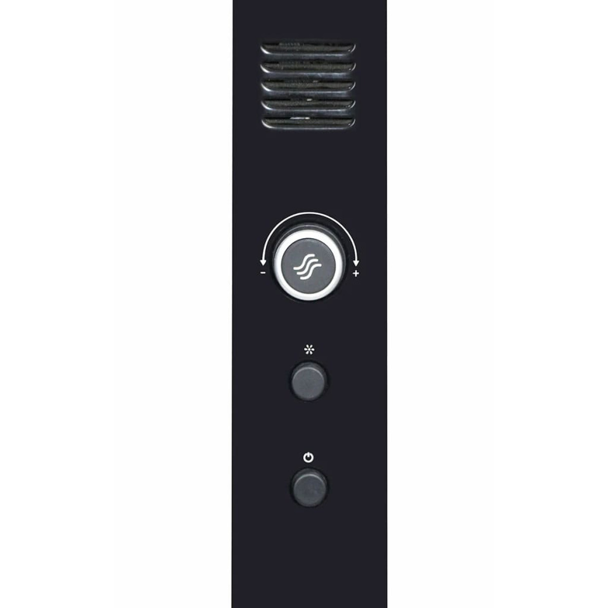 Panel de control negro con rejillas de ventilación, un dial y dos botones.