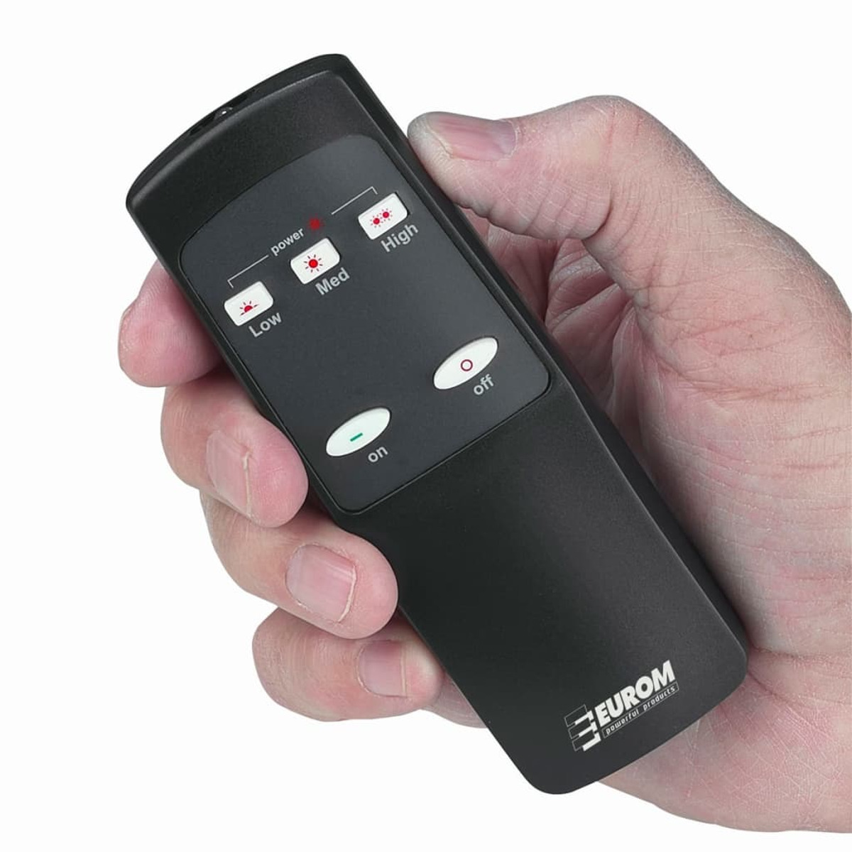 Telecomando nero in mano, con pulsanti etichettati. Sfondo bianco.