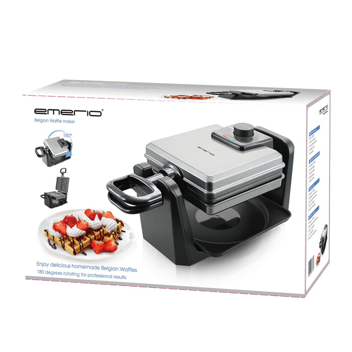 Verpackter belgischer Waffelautomat mit Bild einer Waffel und Belägen sowie einem Seitenbild des offenen Waffelautomaten.
