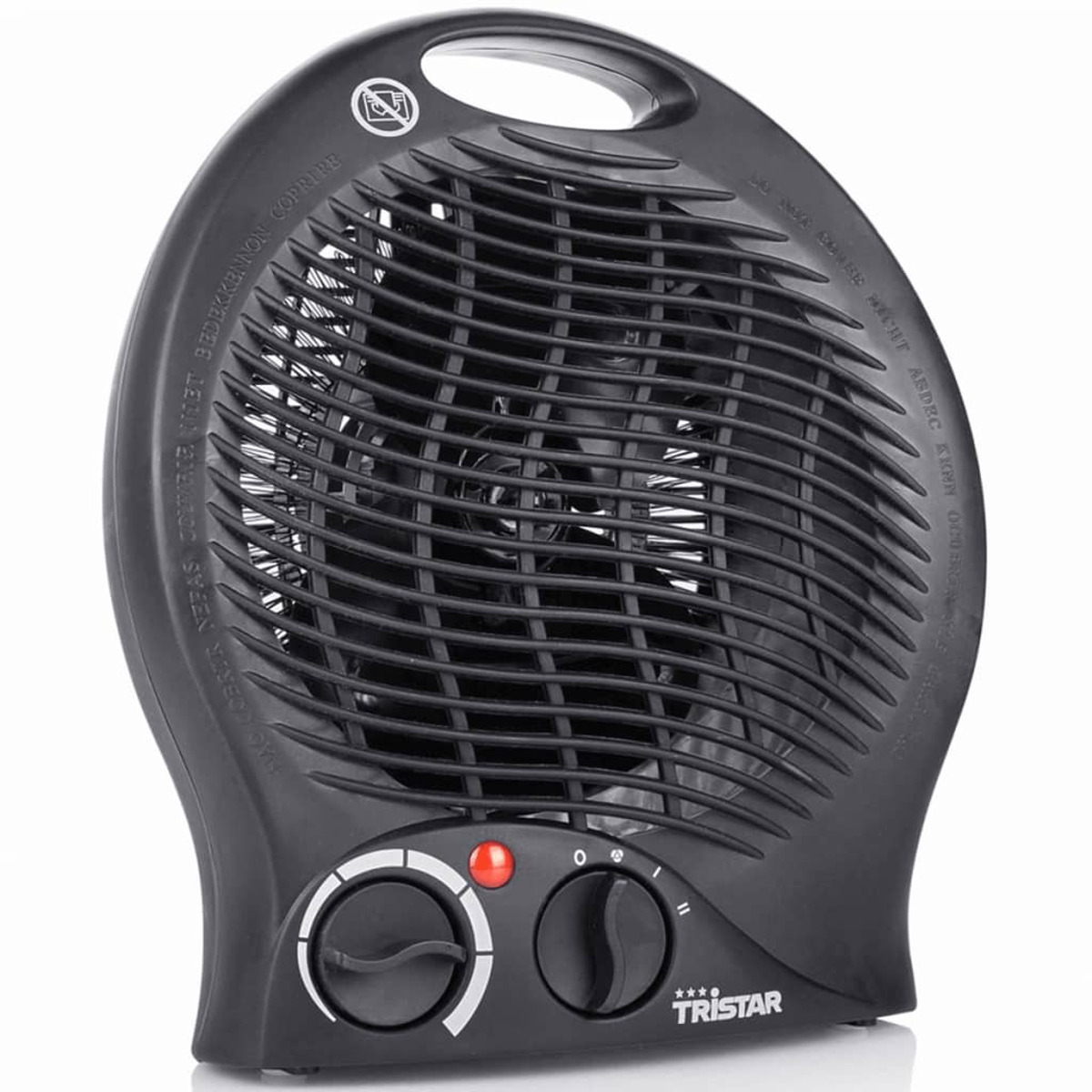 Un termoventilatore nero con due manopole e una luce rossa. Ha una griglia frontale.