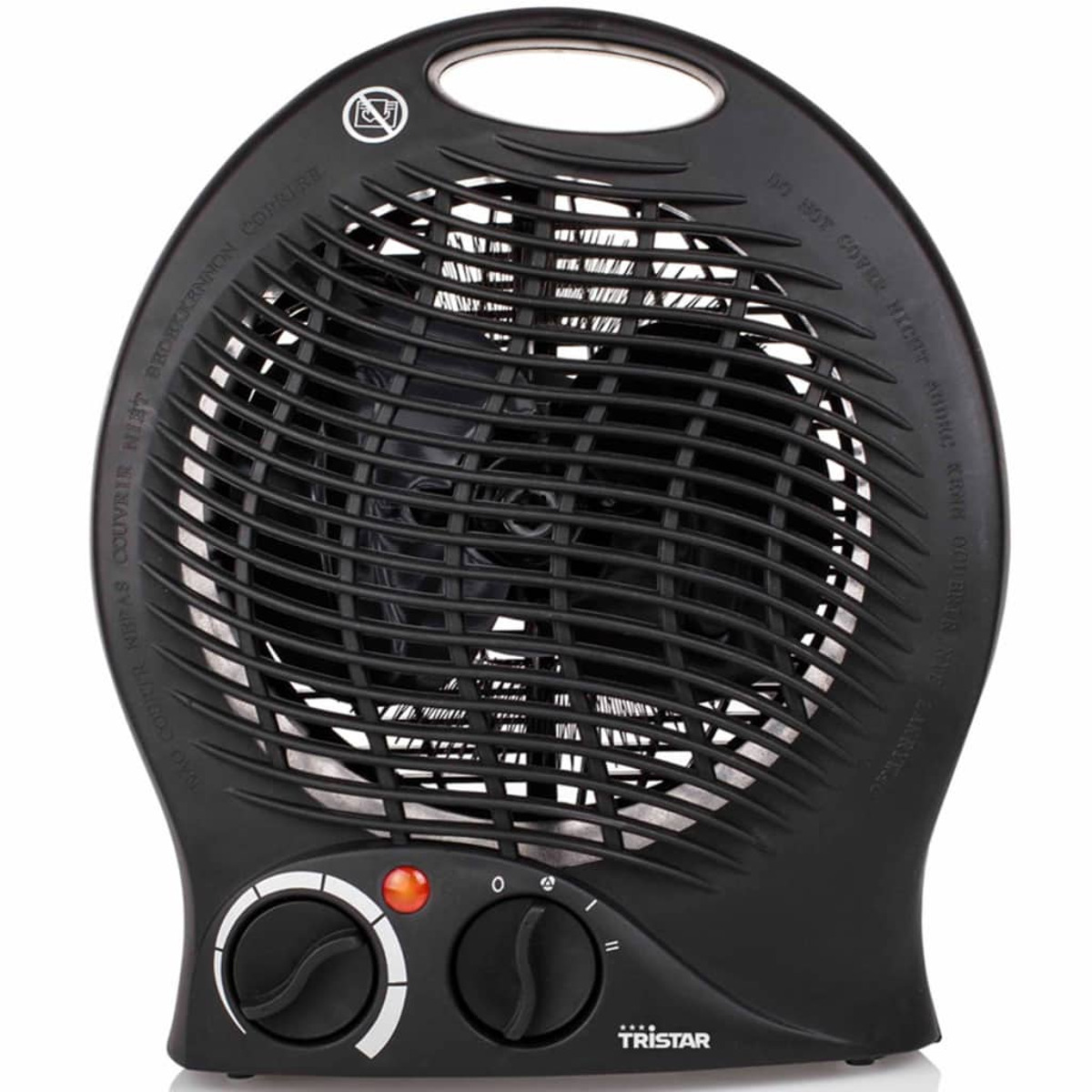 Termoventilatore nero con due manopole di controllo e una spia rossa. Il ventilatore ha un design curvo.