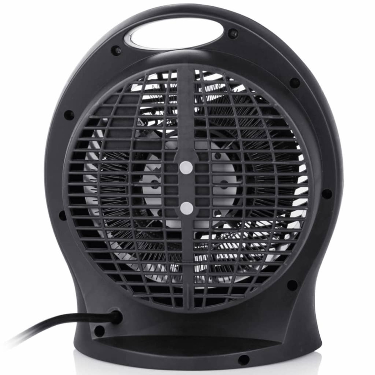 Ventilatore elettrico nero con griglia anteriore e maniglia.