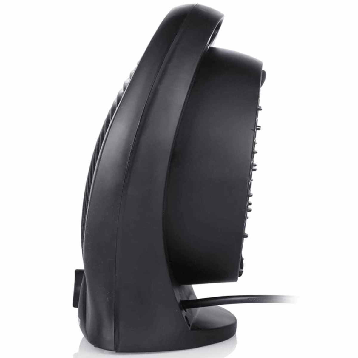Termoventilatore elettrico nero con design curvo, vista laterale.