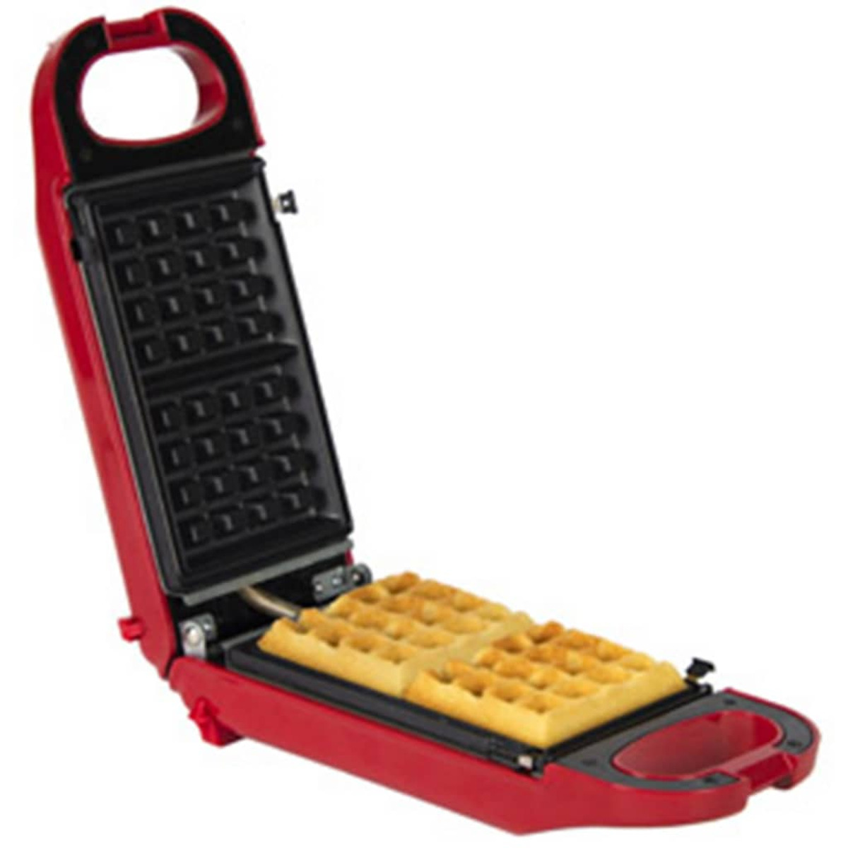 Red waffle maker. Open, displaying waffles. Black interior, white background.