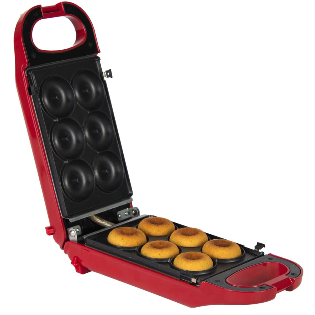 A red donut maker, open, with six donuts inside. The machine is on a white background.