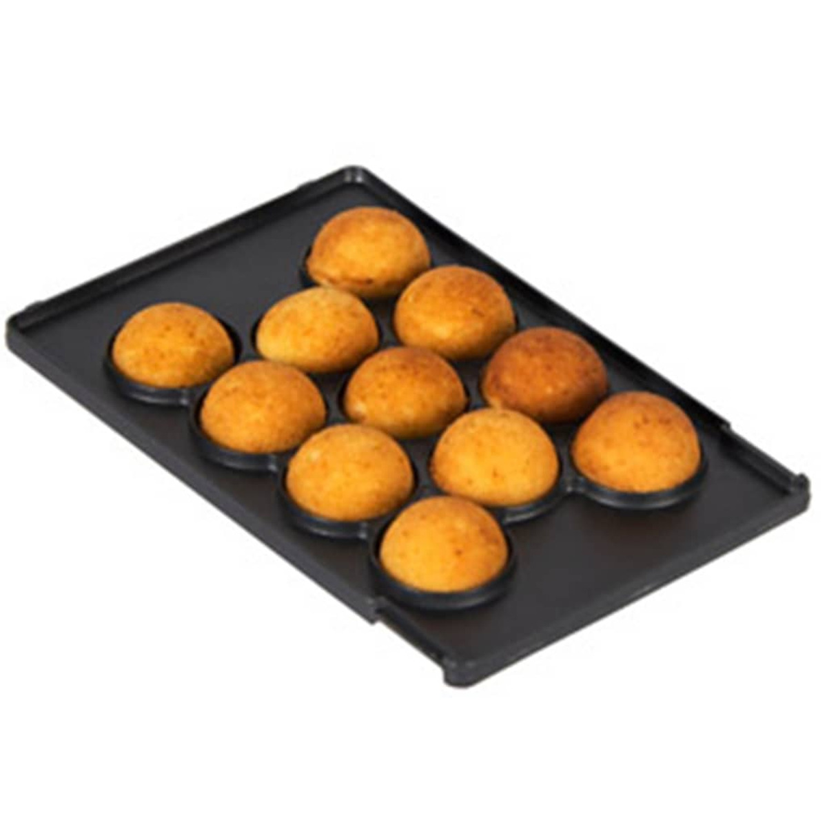 A black tray with 12 golden-brown, round, baked goods arranged in three rows.