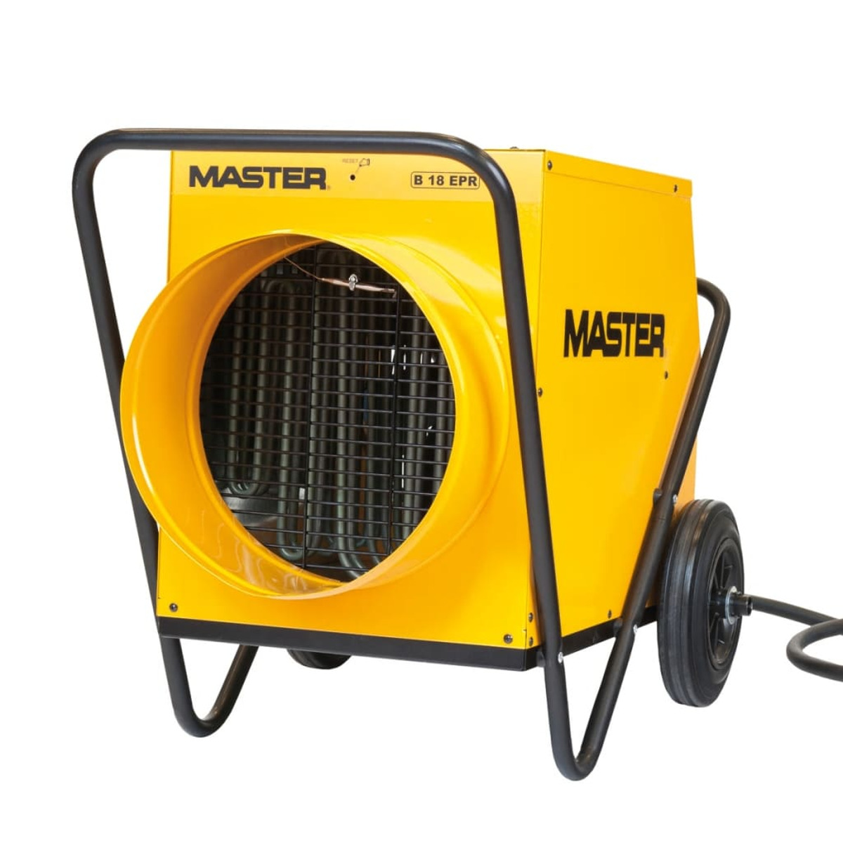 Riscaldatore MASTER giallo su ruote. Ha una maniglia nera e una ventola all'interno.