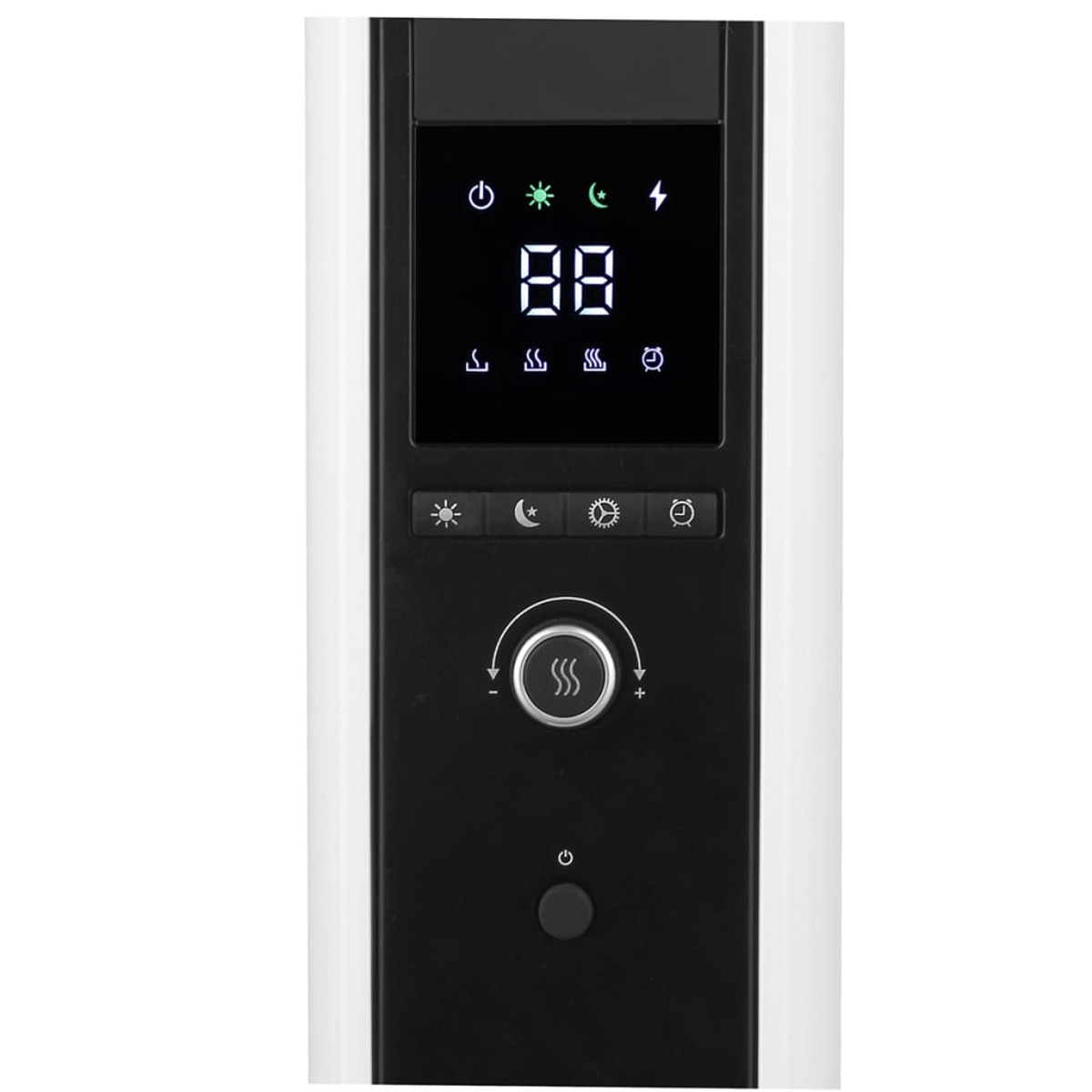 Zbliżenie panelu sterowania. Posiada wyświetlacz cyfrowy z liczbami i symbolami. W środku znajduje się pokrętło.