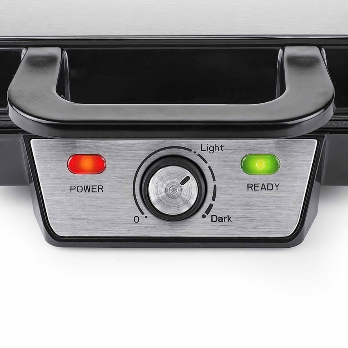 Czarny gofrownica ze wskaźnikami zasilania i gotowości oraz pokrętłem jasny/ciemny.