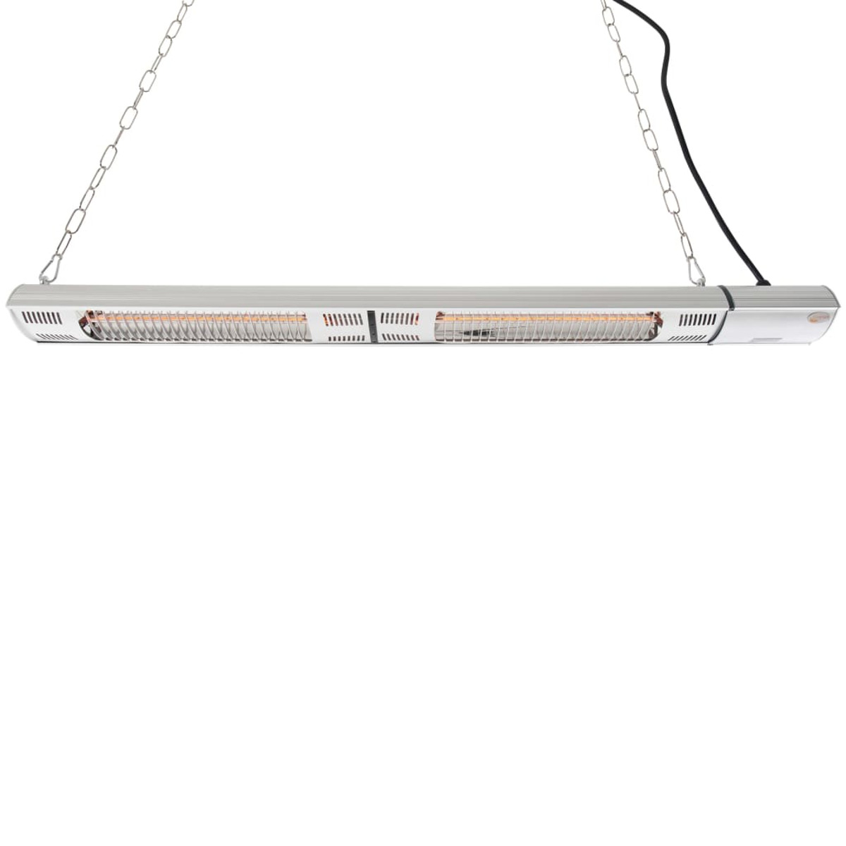 Hanging outdoor heater. Silver with black ends. Two heating elements are visible.