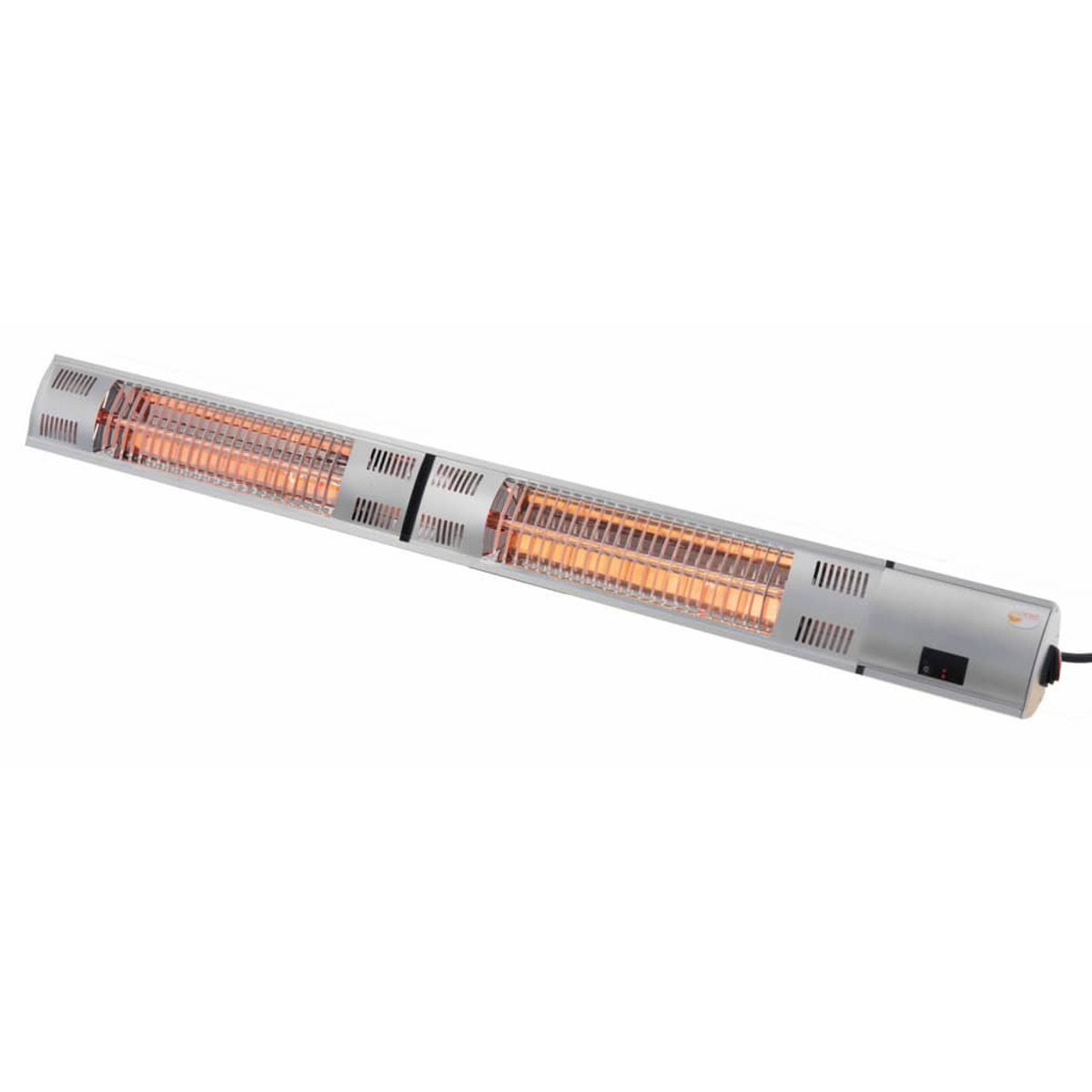 Long, silver electric heater with orange glow, against a white background.