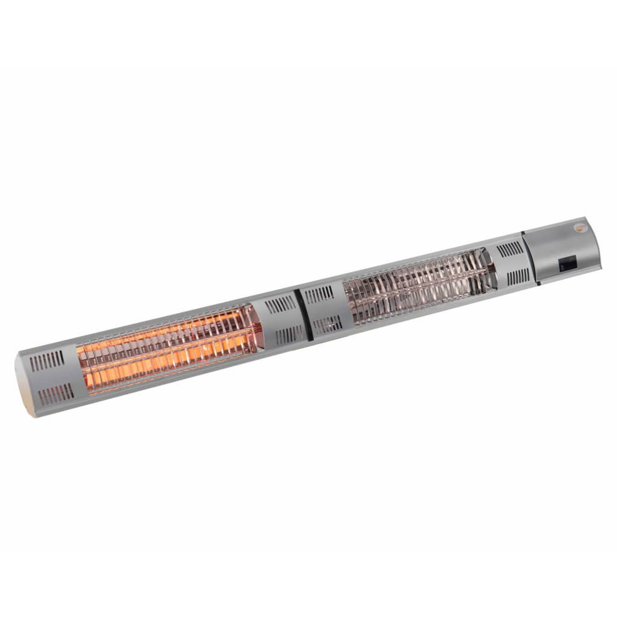 A long, silver electric heater with a bright orange glow, positioned against a white background.
