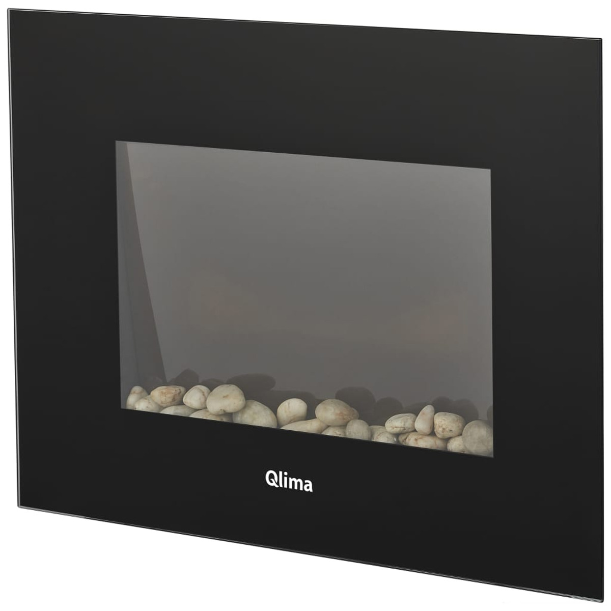 Czarna ramka z szklanym przodem i ekspozycją białych kamieni na białym tle.