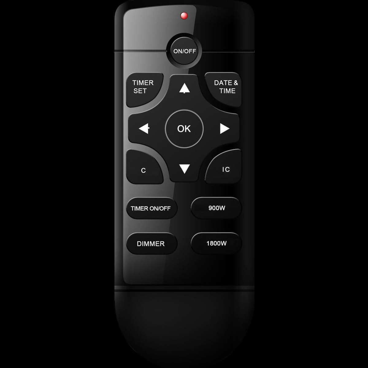 Czarny pilot z wieloma przyciskami i czerwonym wskaźnikiem LED.