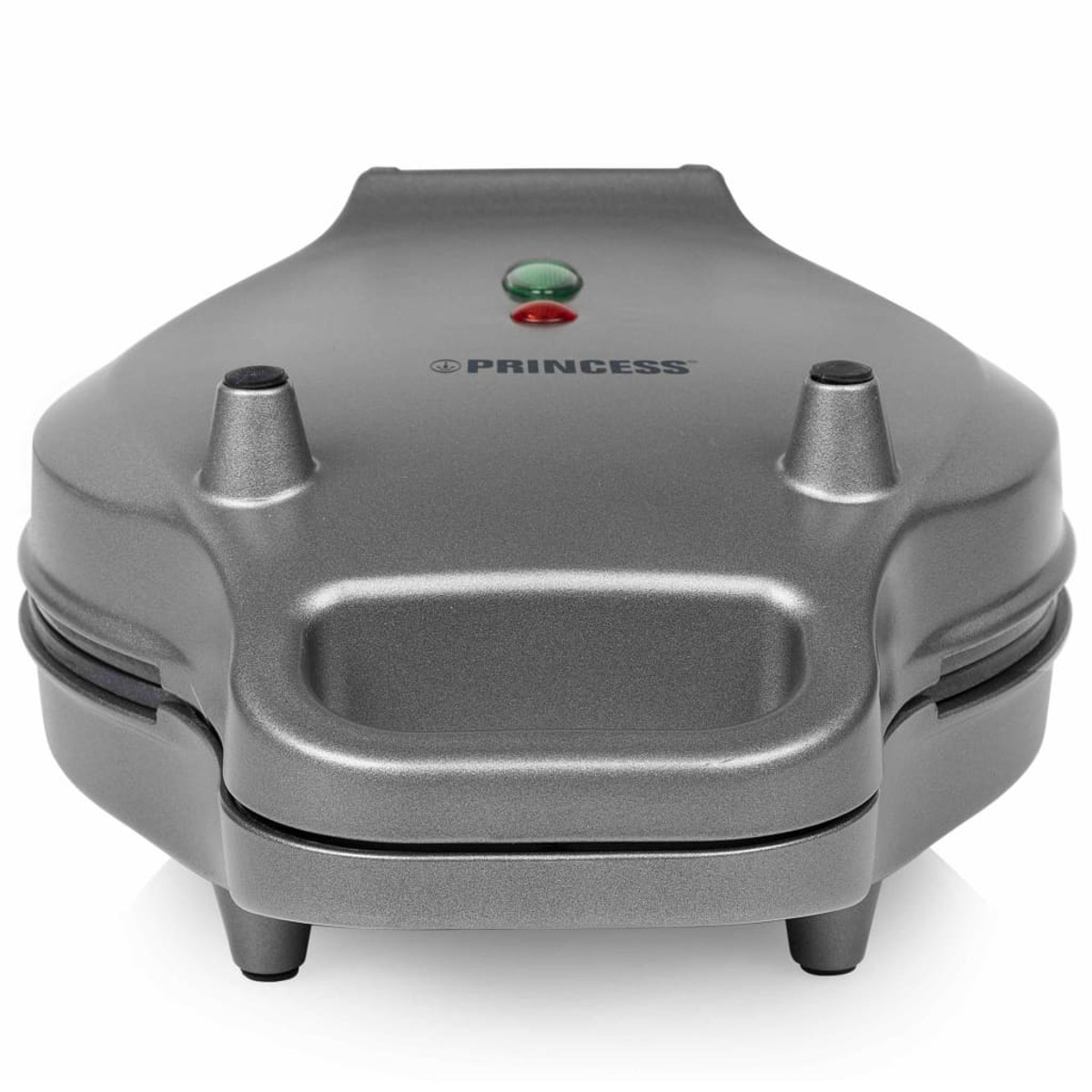 Szara gofrownica z dwoma lampkami kontrolnymi i logo „PRINCESS”. Białe tło.