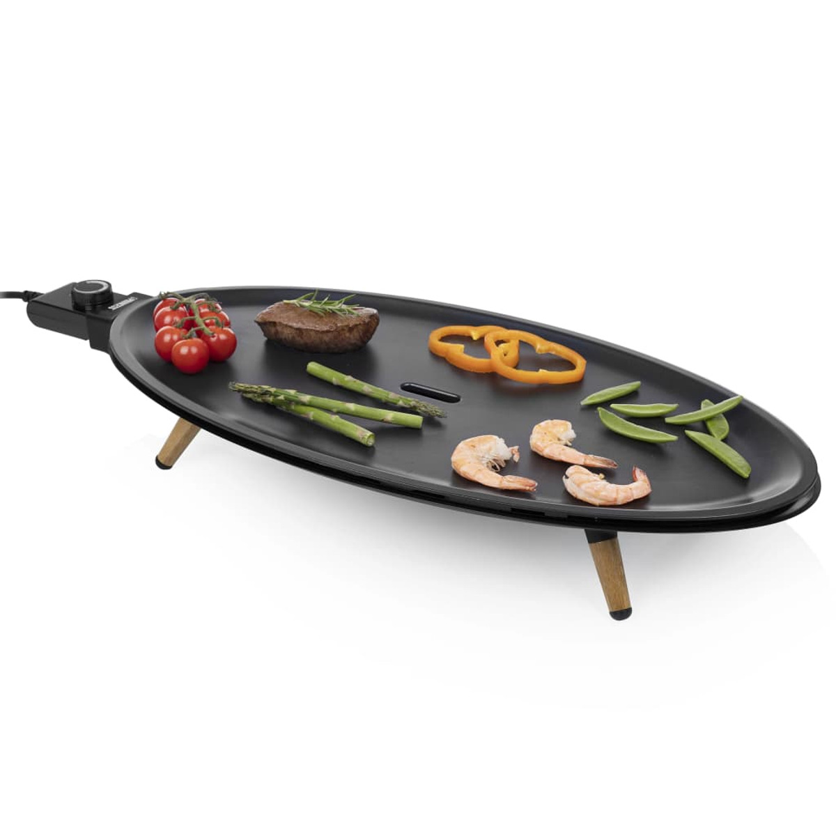 Plancha eléctrica con comida cocinada y patas de madera.