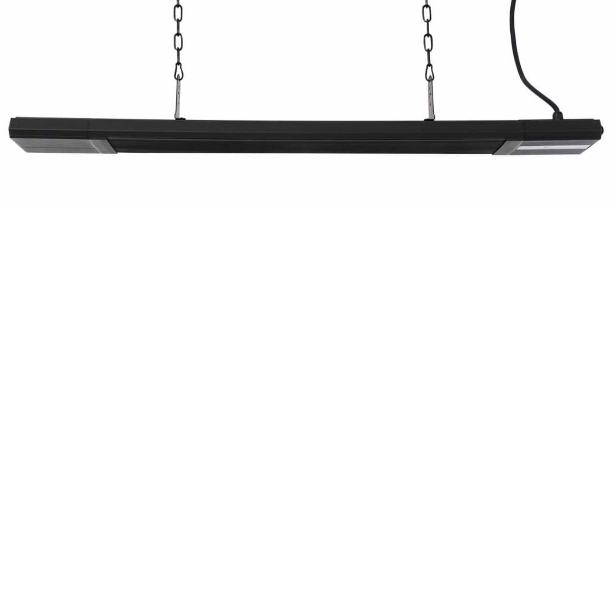 Black hanging outdoor heater. It is suspended by chains from the top, with a white background.