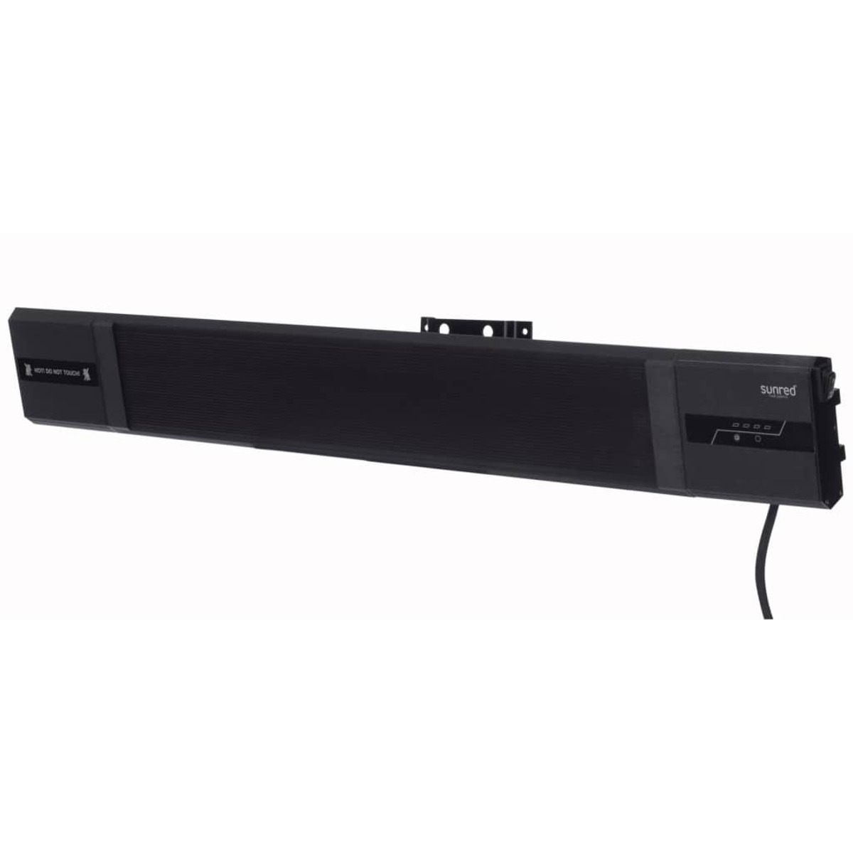 Black Sunred heater for outdoor use. Warning text on the left side. Has a power cable.