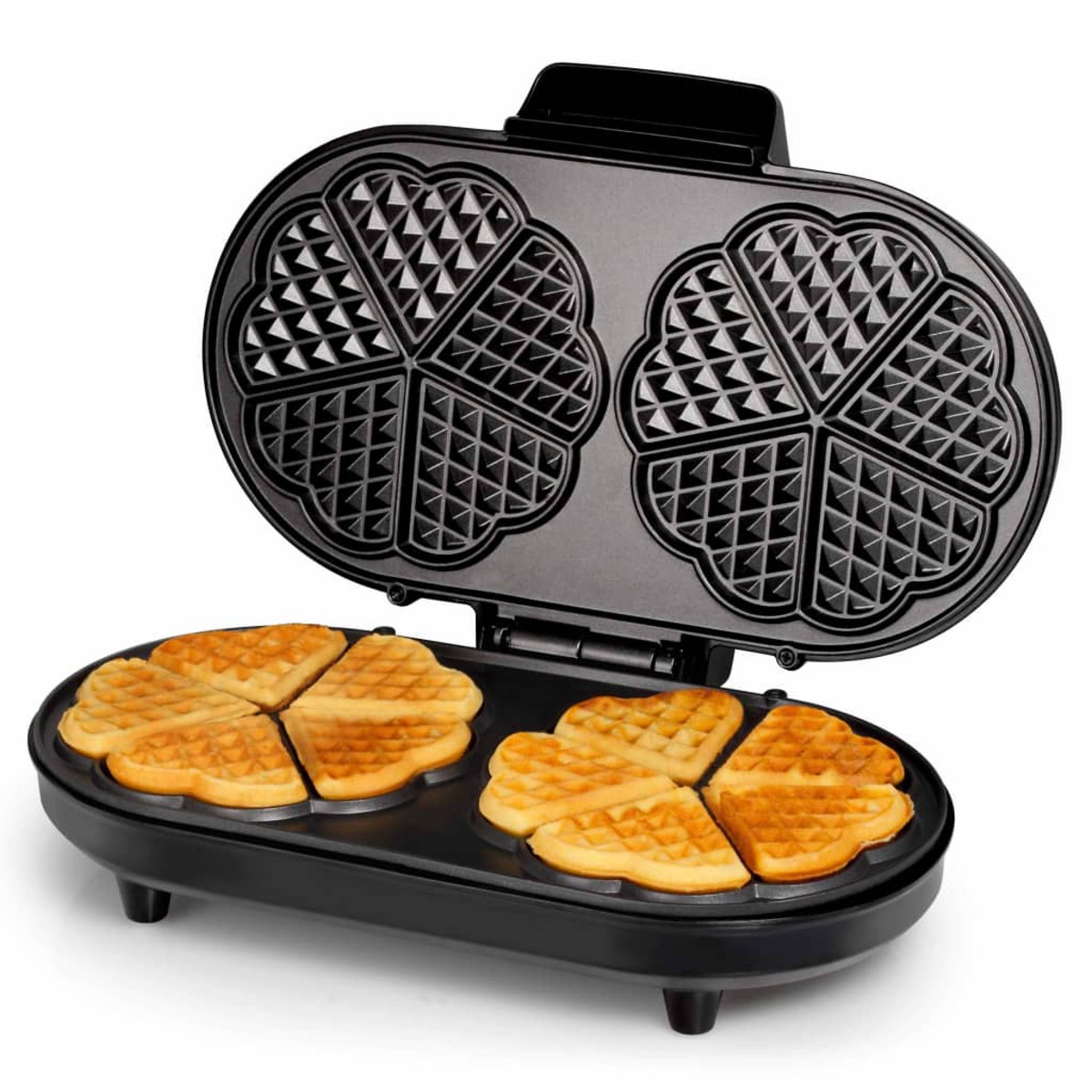 Schwarzer Waffeleisen mit Waffeln darin. Goldene Waffeln sind sichtbar.